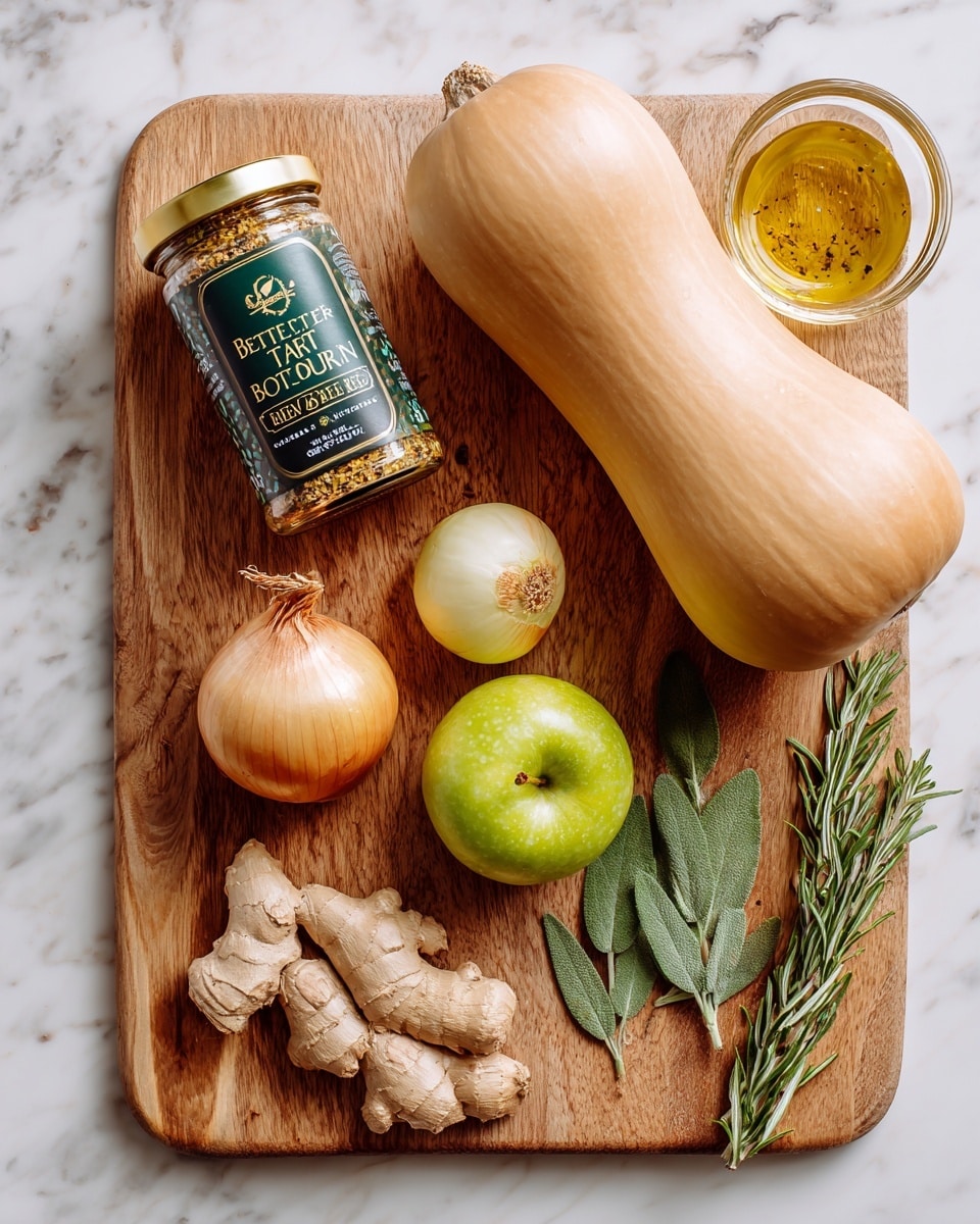 A wooden cutting board sits on a white marbled surface, holding a group of fresh ingredients. In the top left corner, a jar with a gold lid and a green label saying
