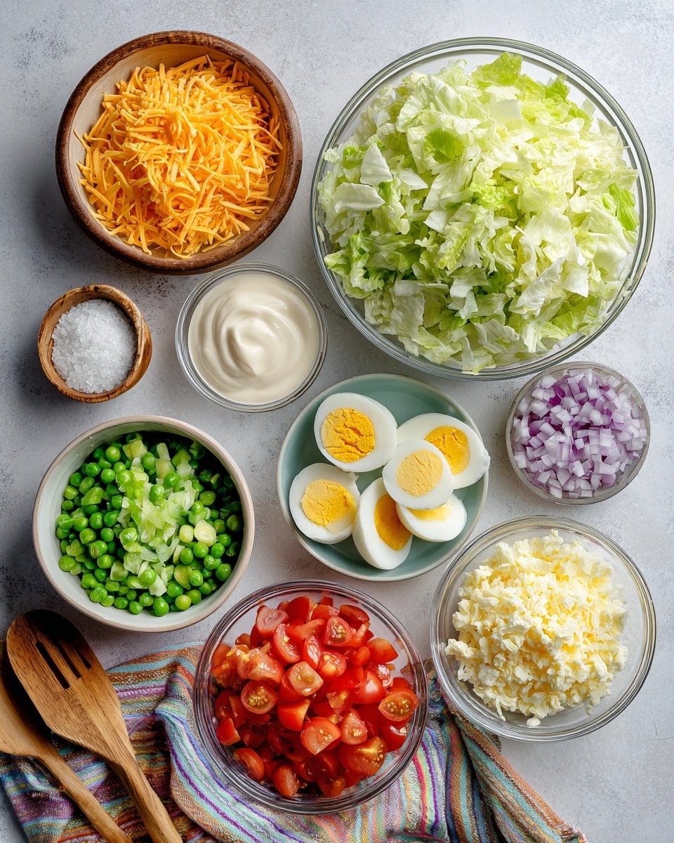 A large transparent glass bowl filled with light green, torn lettuce leaves that show a crisp texture and fresh look is centered in the image. Behind it are two smaller transparent glass bowls, one filled with bright green peas and the other, partially visible, filled with orange shredded carrots. In the bottom left corner, there is a smaller white bowl filled with crispy, golden-brown bacon bits. All bowls are placed on a white marbled surface. Photo taken with an iphone --ar 4:5 --v 7