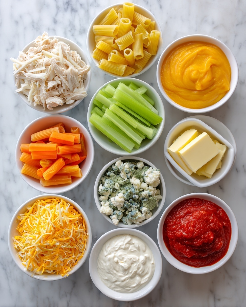Top view of eleven small white bowls arranged closely on a white marbled surface, filled with different ingredients. Starting from top left, shredded white chicken meat, uncooked yellow rigatoni pasta, thick smooth orange soup. Below those, sliced green celery and thin orange carrot strips side by side. In the middle row, a small white bowl holds a pale yellow cube of butter, next to it a bowl with crushed garlic, and a bowl of mixed green and white dried herbs. Below that, grated bright orange cheddar cheese, crumbled blue cheese, and creamy white ricotta cheese. The front row has two bowls, one with smooth white cream and the other with thick red tomato sauce. Photo taken with an iphone --ar 4:5 --v 7