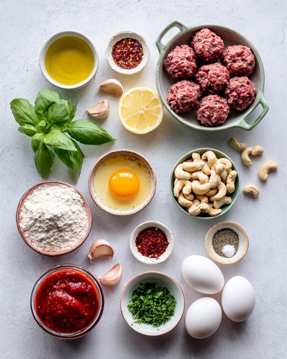 A white rectangular baking dish filled with 13 browned meatballs covered in rich, bright red tomato sauce. The meatballs look slightly crispy on top with some darker charred spots. Fresh green basil leaves are scattered over the meatballs and sauce, adding a pop of color. A silver spoon is lifting one meatball from the top right corner of the dish. The surface under the dish has a white marble texture. photo taken with an iphone --ar 4:5 --v 7