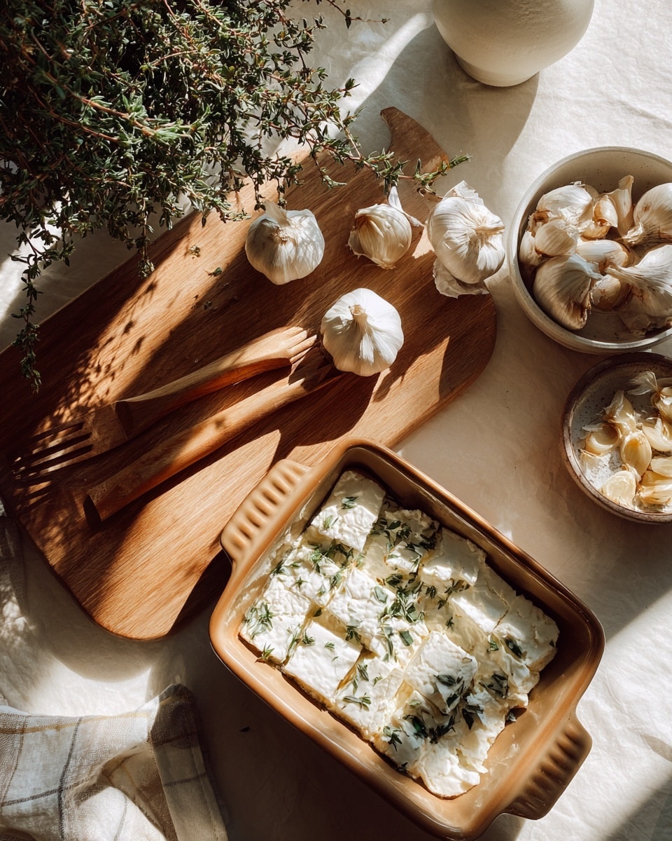 A clear glass bowl sits on a white marbled surface, filled with three main layers of ingredients. On the left side, there is a light beige pile of shredded cheese with soft texture. In the middle, a cluster of pale beige whole garlic cloves with a smooth, slightly shiny surface is placed. On the right side, finely chopped green herbs cover the space densely, showing a bright and fresh look. A wooden spoon with