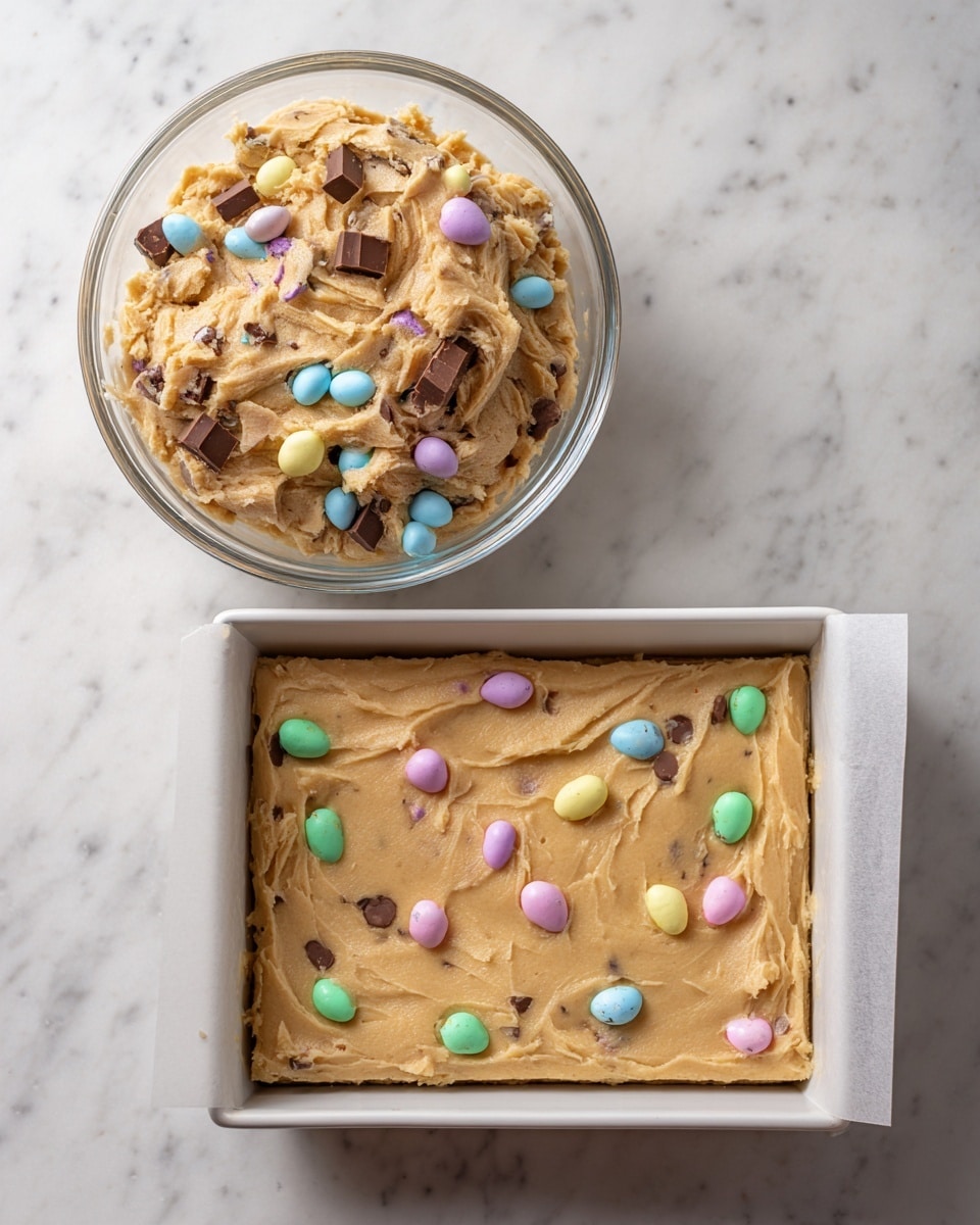 The image shows two scenes of cookie dough preparation. On the left, a clear glass bowl holds thick, light brown cookie dough mixed with small chocolate pieces and pastel-colored candy-coated eggs. Inside the dough, bits of chocolate are visible, and the texture looks chunky and soft. On the right, the dough has been spread evenly in a white square baking pan lined with parchment paper, with the surface dotted by more pastel candy eggs pressed into the dough. The dough layer in the pan is thick and smooth, filling the bottom evenly. Both scenes are set on a white marbled surface. Photo taken with an iphone --ar 4:5 --v 7