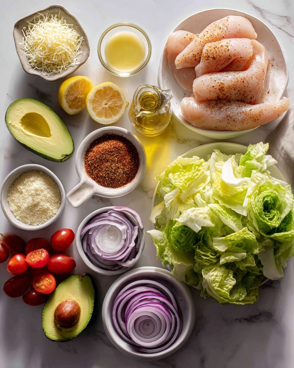 A white bowl on a white marbled surface holds a colorful salad with three main layers. The bottom layer is fresh green lettuce leaves, topped with golden brown pieces of cooked meat scattered around. The middle layer has slices of smooth, light green avocado, thin wedges of purple onion, and small yellow cherry tomatoes. The salad is sprinkled with small chunks of blue cheese and bits of yellow corn. Light creamy dressing is drizzled over the whole bowl, and red chili flakes are sprinkled on top and around the bowl. Nearby are a white cloth, a small jar of dressing, and a gold spoon with chili flakes. Photo taken with an iphone --ar 4:5 --v 7