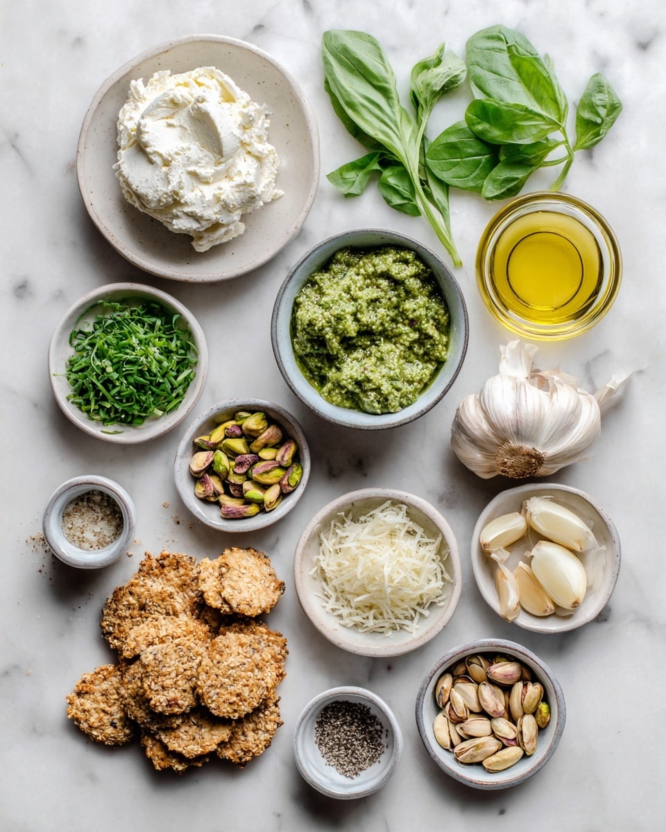 Seven small rectangular crackers with seeds form the first layer, each topped with a thick spread of white creamy cheese as the second layer. On top of the cheese, a chunky bright green pesto sauce is unevenly spread as the third layer. These crackers are arranged on a round wooden board with visible tree ring patterns, next to a clear glass jar filled with the green pesto and a wooden spoon sticking out. Green basil leaves and a bowl of pistachios are placed nearby on a white marbled surface with a blue striped cloth partially visible. The photo taken with an iphone --ar 4:5 --v 7