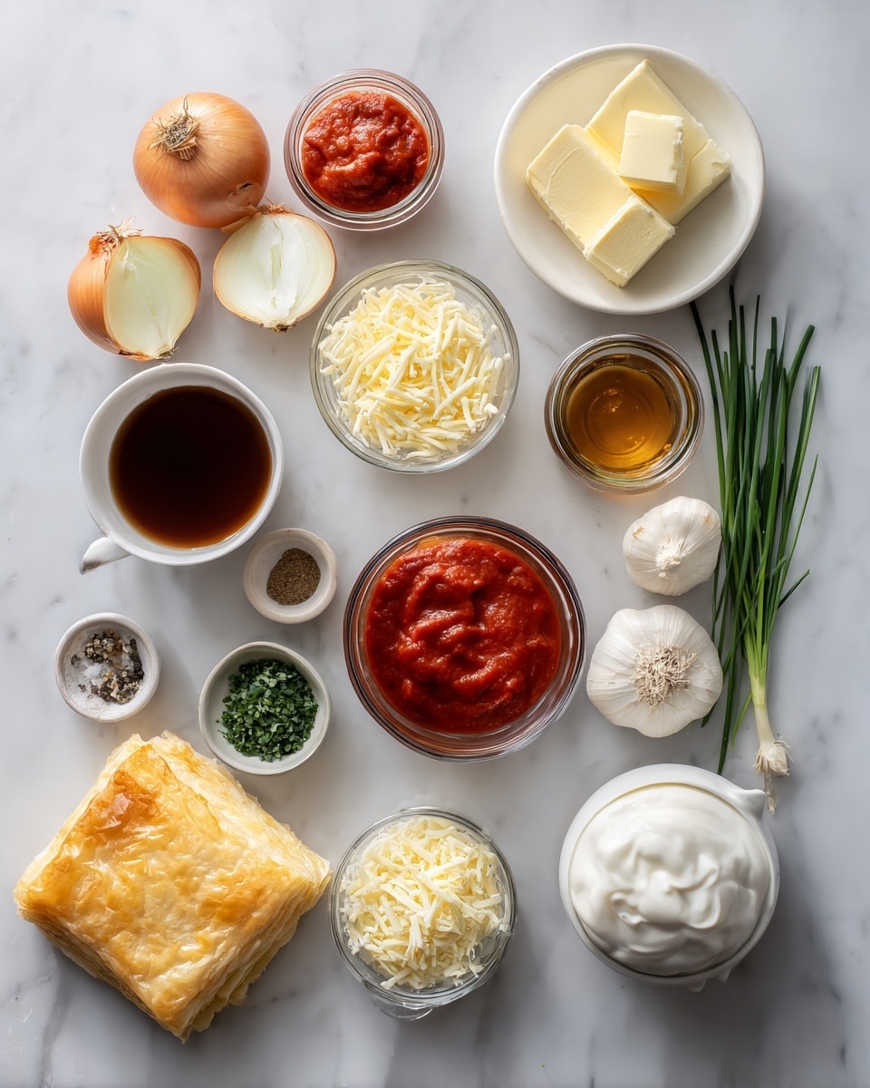 The image shows a small white round dish filled with a baked pie that has a golden brown, puffy crust rising above the rim. The crust is thick and flaky with some darker toasted spots. Inside the crust is a smooth, bright yellow-orange layer that looks creamy and slightly shiny. On top, there is a drizzle of glossy orange sauce and small green chive pieces sprinkled evenly. The dish sits on a textured metal baking tray with parts of another similar pie dish shown in the background. The setting has a white marbled surface underneath the tray. Photo taken with an iphone --ar 4:5 --v 7
