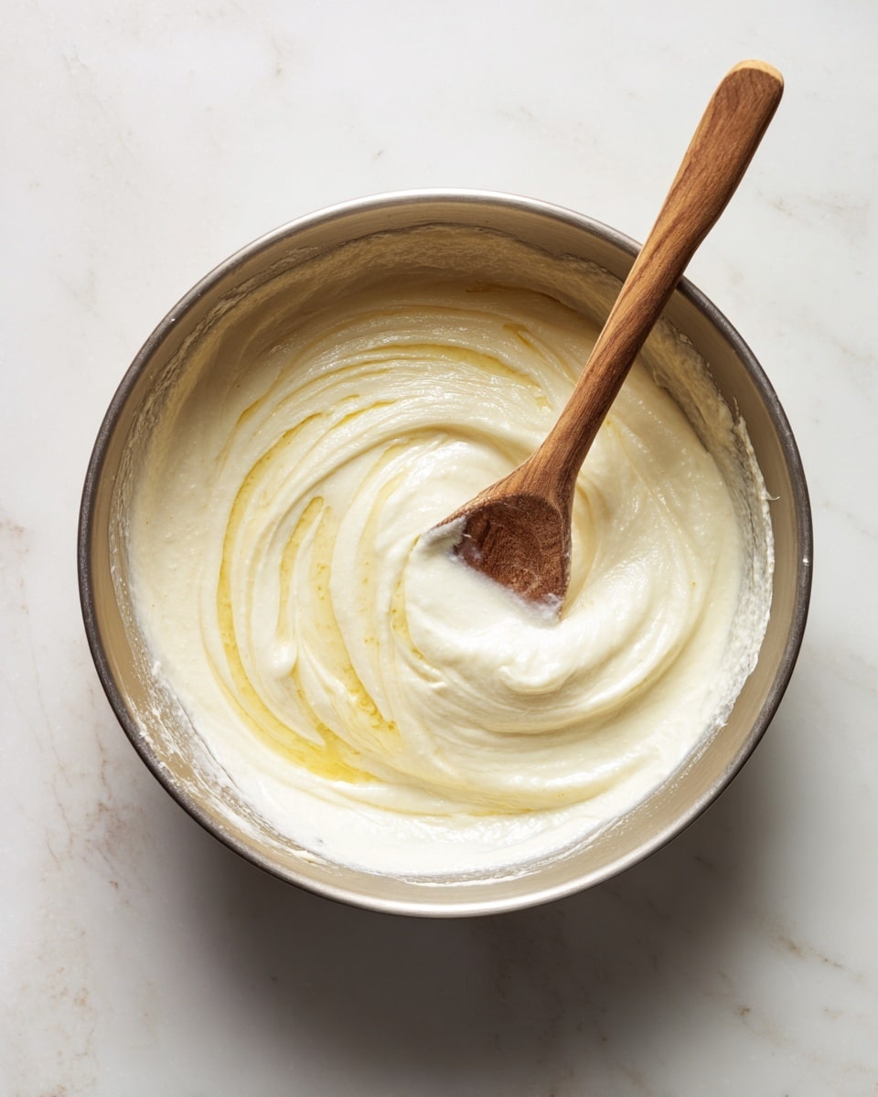 A metal bowl filled with creamy white batter that has a thick, smooth texture with light yellow swirls on the surface. Inside the bowl, there is a wooden spoon resting diagonally from upper left to lower right, partially covered in batter. The bowl is placed on a white marbled surface, and the overall scene is lit softly, showing gentle shadows and highlights. photo taken with an iphone --ar 4:5 --v 7