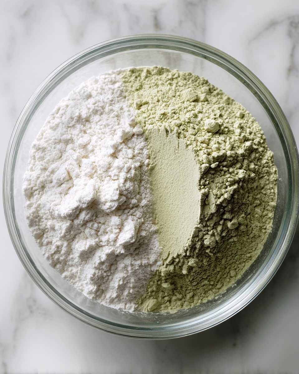 A clear glass bowl sits on a white marbled surface, filled with two main powders not yet mixed. The first powder is white, fluffy, and piled high on one side, taking up about half of the bowl. The second powder is light green and finely ground, heaped on the opposite side but slightly overlapping with the white powder, creating a soft gradient where they meet. The powders have a smooth, powdery texture and look dry and loose, with small clumps in some areas. photo taken with an iphone --ar 4:5 --v 7