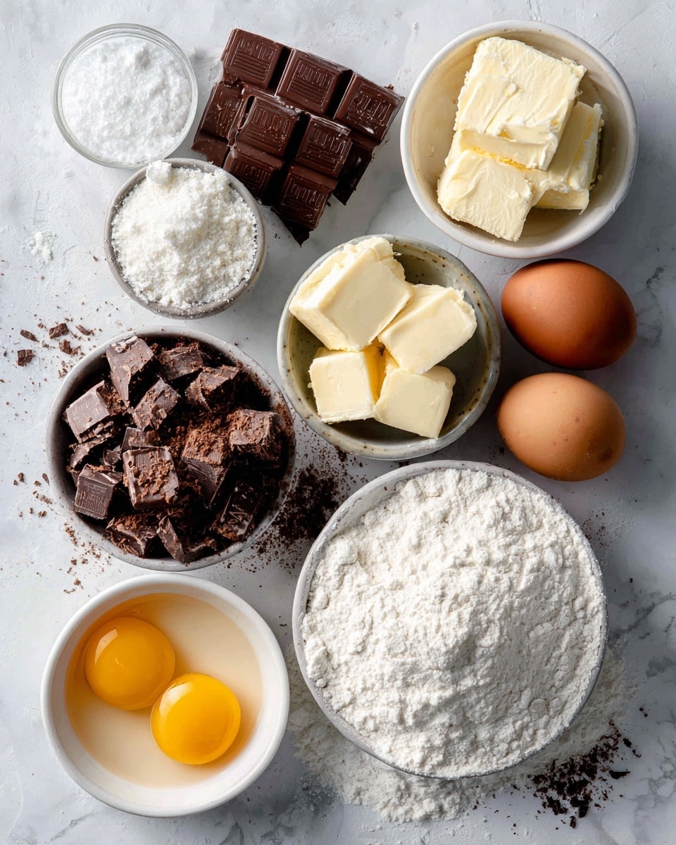 A chocolate lava cake sits on a white plate with a white marbled texture background. The cake is round and split open on one side, leaking rich, dark chocolate sauce that is smooth and shiny. The outer cake is dark brown with a slightly rough texture and dusted with a light layer of powdered sugar. On top of the cake are two bright red raspberries and a small bunch of fresh green mint leaves, adding color contrast. One raspberry rests on the plate near the gooey chocolate spot. The photo taken with an iphone --ar 4:5 --v 7