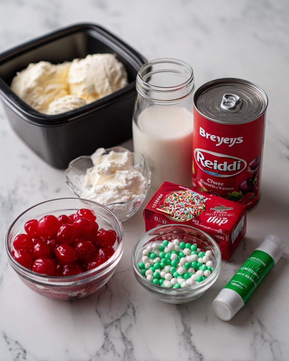 The image shows various ingredients for a dessert arranged on a white marbled surface. There is a black rectangular tub of Breyers Extra Creamy Vanilla ice cream placed on the left side in the back with a clear glass jar of white cream or milk next to it on the right. Behind the jar is a red can of Reddi Wip whipped cream. In the front row, there is a small clear glass bowl filled with bright red cherries on the left, a small clear bowl with green and white sprinkle balls next to it, and a red box of McCormick Pure Mint Extract in the center. On the far right is a small green tube of food coloring labeled green. The layout is clear with colors that contrast well against the white marbled surface photo taken with an iphone --ar 4:5 --v 7