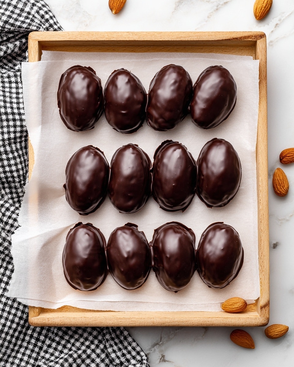 The image shows several oval-shaped treats covered in a smooth, dark brown chocolate layer with small bumps on the surface. Each treat has white icing decorations: a horizontal line near the top, a vertical line crossing it, and short horizontal lines along the vertical one, resembling football laces. The treats are arranged close together on a large white plate, set on a white marbled surface. The photo taken with an iphone --ar 4:5 --v 7