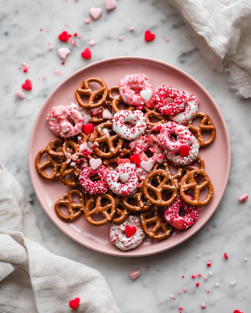 A white round plate is filled with small pretzels, half of each pretzel dipped in colorful coatings and decorated with small heart-shaped and round sprinkles. The coatings are in bright white, pink, and red colors, with some pretzels covered in red sugar crystals or red sprinkles, and others topped with pink and red heart sprinkles. The pretzels overlap casually and fill most of the plate. Around the plate, on a white marbled surface, there are scattered heart-shaped and round pink, red, and white sprinkles. A soft white cloth is partly visible on the left side of the scene. photo taken with an iphone --ar 4:5 --v 7