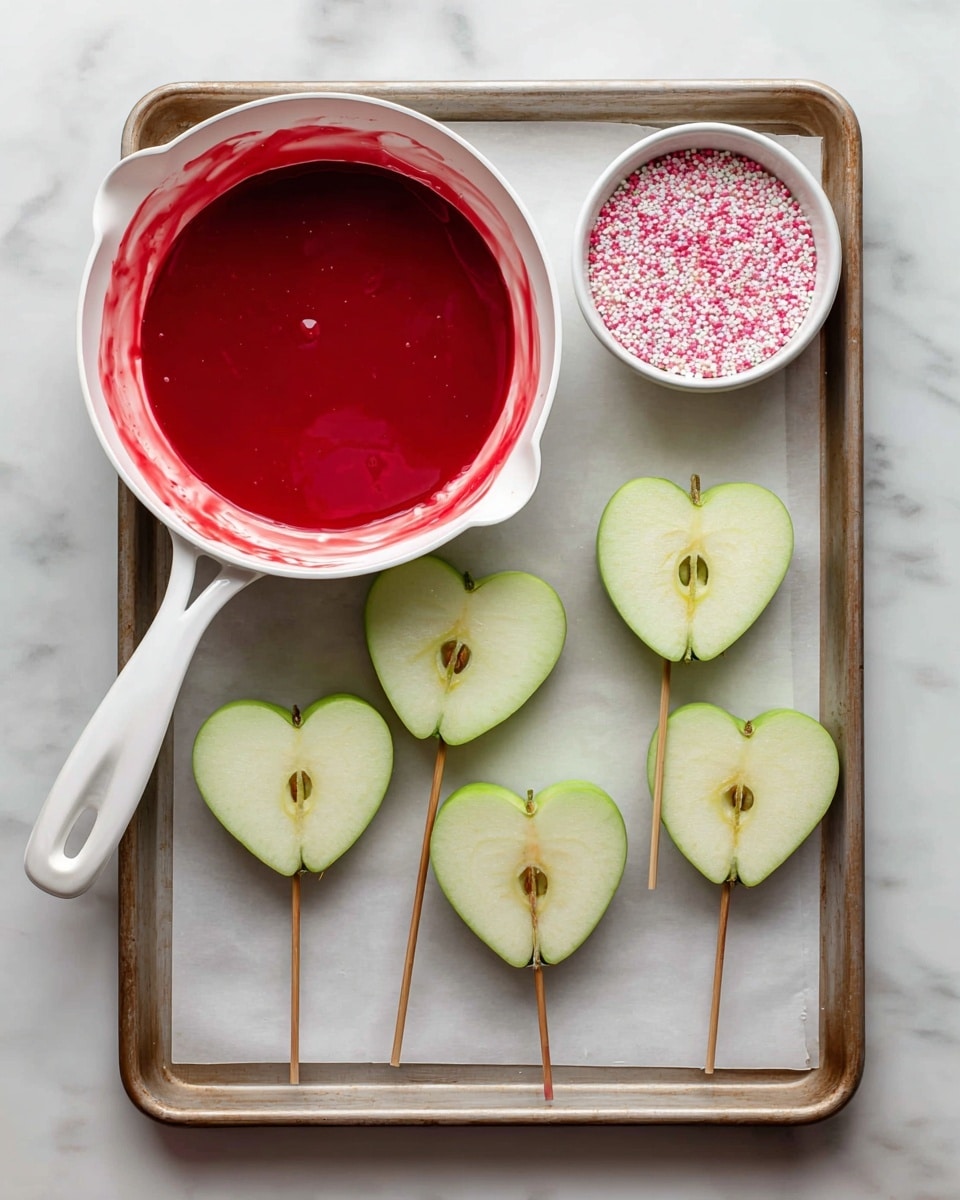 The image shows a white pan with bright red melted candy coating inside, some of the red candy has splashed on the side of the pan. Below the pan, there is a baking tray lined with white parchment paper holding green apple slices arranged in pairs to form heart shapes, each pair held together with a wooden stick inserted at the bottom. To the right of the pan, there is a small white bowl filled with pink and white sprinkles. The whole setup is placed on a white marbled surface. photo taken with an iphone --ar 4:5 --v 7