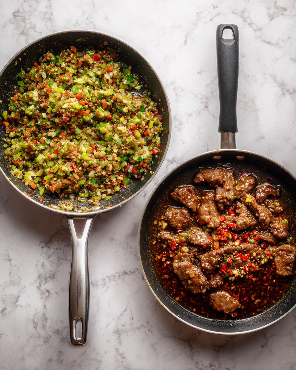 The image shows two side-by-side skillets on a white marbled surface. The left skillet contains a thick mixture of finely chopped vegetables, mainly green and red pieces with some light yellow bits, creating a rough texture that fills the pan surface evenly. The right skillet holds pieces of cooked meat in a brown sauce with visible small red and green specks scattered throughout, arranged loosely across the pan. Both skillets have black handles and sit against the marbled background, creating a warm and rustic cooking scene. photo taken with an iphone --ar 4:5 --v 7