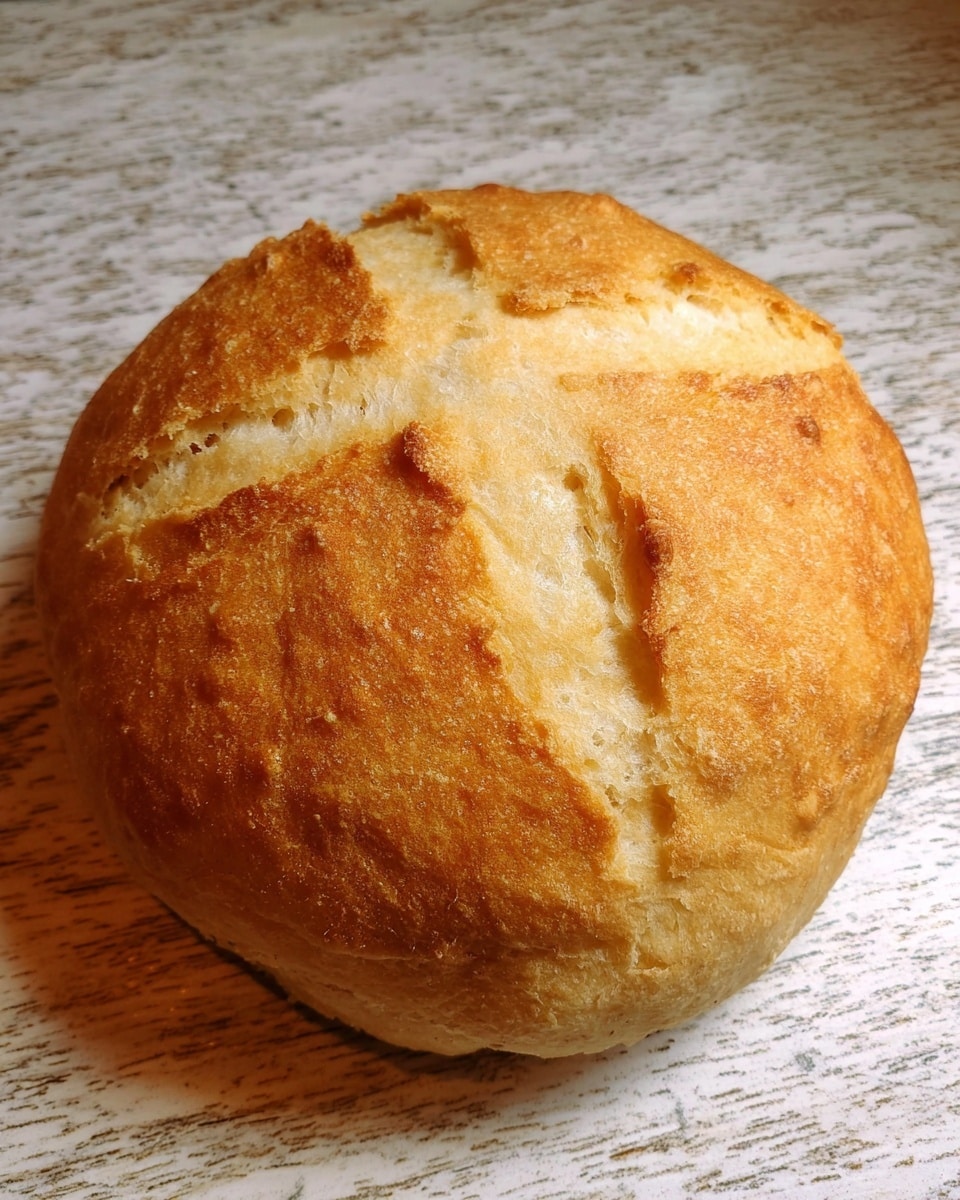A round loaf of bread with a golden-brown crust and a soft, slightly cracked texture on top, showing a cross pattern lightly pressed into the surface. The bread sits on a white marbled textured surface. The crust looks crisp with some small cracks and a few darker spots, indicating it was baked well. photo taken with an iphone --ar 4:5 --v 7