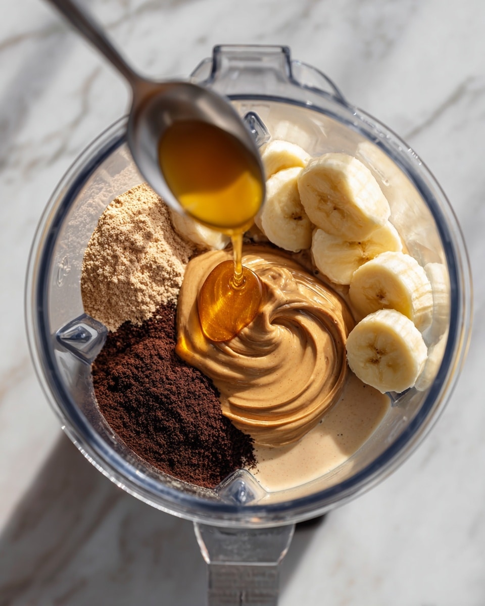 The image shows a clear blender container filled with several layers of ingredients on a white marbled surface. At the bottom is a pool of light milk, topped with a thick swirl of creamy light brown peanut butter in the front lower center. To the left of the peanut butter is a beige powder, and to its right is a pile of dark brown powder. Above these powders, there are round slices of pale yellow banana arranged in a small pile in the upper center. A silver spoon held by a woman's hand drizzles golden honey over the layered ingredients. Photo taken with an iphone --ar 4:5 --v 7