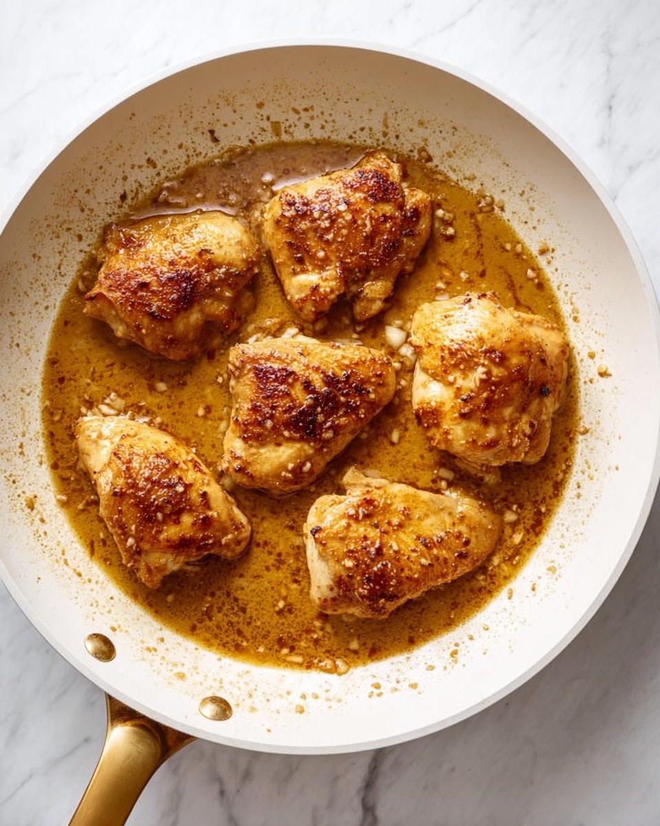 In a white frying pan with a gold handle, there are six browned chicken pieces cooking in a thick, golden-brown sauce with small bits of seasoning visible. The chicken pieces appear juicy with a slightly crisp surface. The sauce surrounds the chicken and has a textured look from the spices and garlic, covering the bottom of the pan evenly. The pan sits on a white marbled surface. photo taken with an iphone --ar 4:5 --v 7