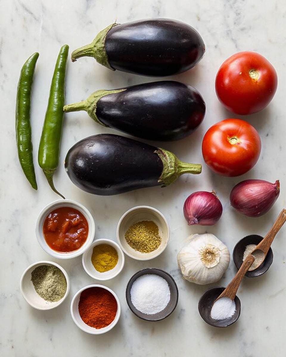 Three dark purple eggplants with green stems lie on a white marbled surface, next to two long green chilies. Nearby are three red tomatoes, two whole garlic bulbs, and two small red onions. To the right, there are six small white bowls filled with different spices: one with red paste, one with yellowish powder, one with light brown powder, one with greenish powder, one with salt, and one with a small amount of a fine yellow spice. Two small dark bowls with wooden spoons hold salt and black pepper. The items are spread neatly and evenly over the white marbled surface photo taken with an iphone --ar 4:5 --v 7