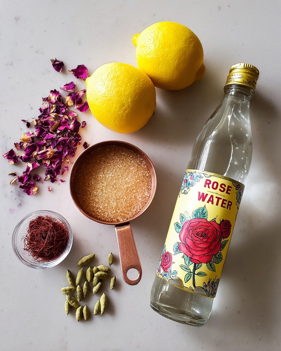 Three clear glasses filled with a golden yellow drink sit on a dark textured surface with scattered rose petals around them. Each glass contains ice cubes and a few floating rose petals, adding a delicate contrast to the drink’s warm color. A silver spoon with some red spice rests beside a half lemon, showing more vibrant yellow and contrasting with the darker background. In the back, a small white and gold container and a bright red flower add depth to the scene. photo taken with an iphone --ar 4:5 --v 7