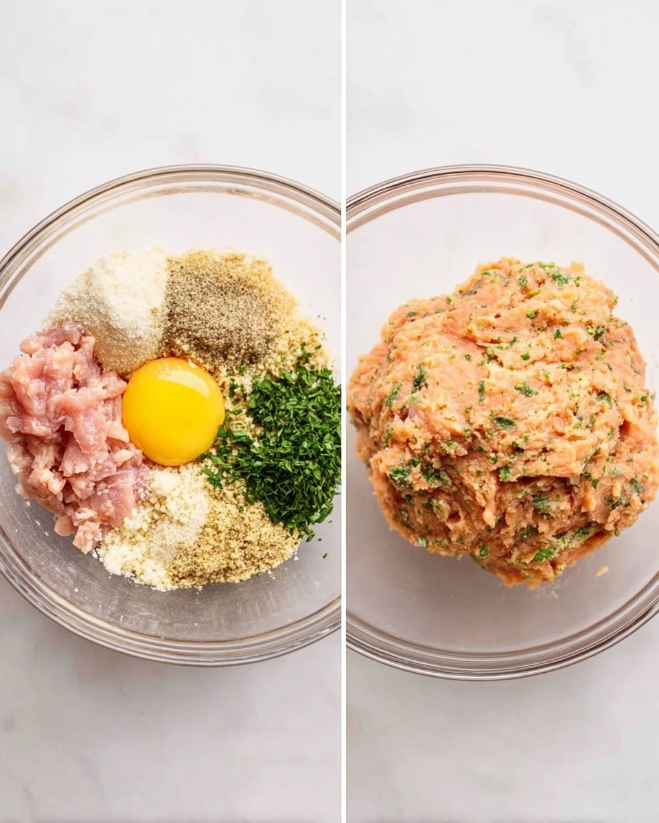 The image shows two clear glass bowls on a white marbled surface side by side. The left bowl contains many separate layers of ingredients arranged in sections: pale pink raw meat, a bright yellow egg yolk, green chopped herbs, light beige breadcrumbs, and small piles of white and brown spices. The ingredients are unmixed and clearly visible, filling the bowl to about halfway. The right bowl shows a smooth, light orange-pink mixture of all the ingredients combined into a soft, uniform paste with some green herb flecks spread evenly throughout. photo taken with an iphone --ar 4:5 --v 7