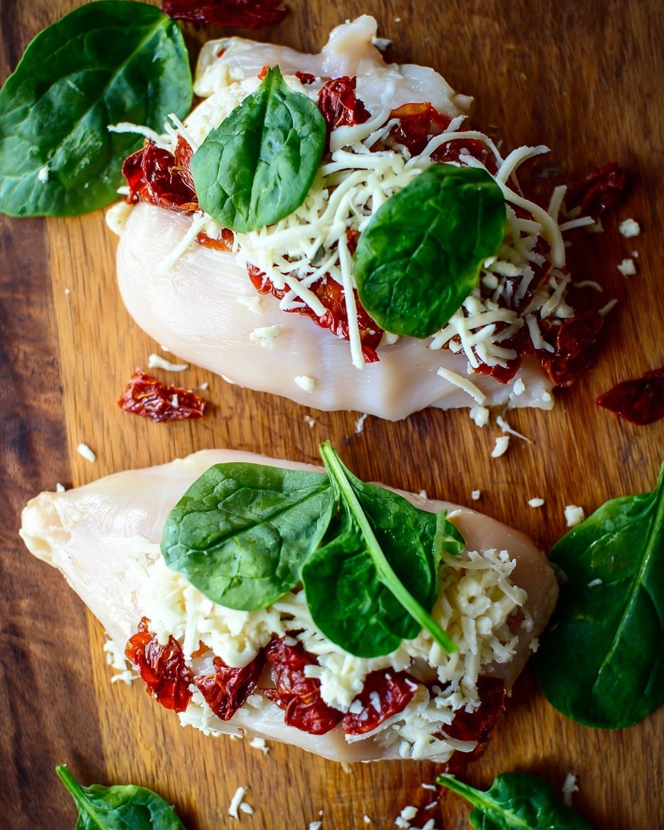 Three small pieces of raw chicken are placed side by side on a white marbled surface, each one shaped like a small bowl. The first image shows the chicken pieces seasoned with salt and pepper inside their hollow centers. The second image shows the same three pieces with dark red sun-dried tomato pieces placed in the hollowed centers of each chicken piece, adding vibrant color against the light pink chicken. Photo taken with an iphone --ar 4:5 --v 7