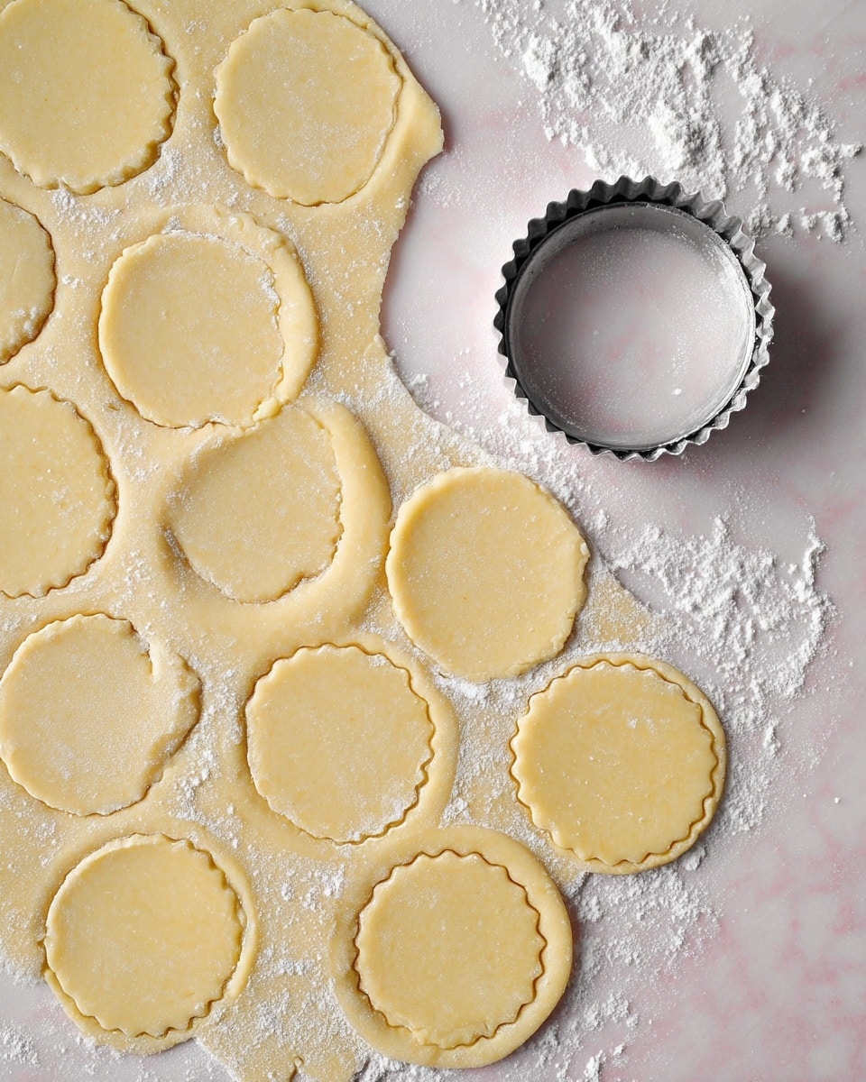 The image shows rolled out dough on a white marbled surface dusted with white flour. There are nine round shapes cut with scalloped edges, evenly spaced in one layer on the dough. The dough is a light yellow color and looks soft and smooth. To the right side of the dough, there is a round metal cutter with a scalloped edge placed on some flour. The scene shows a close-up view from above, focusing on the dough pieces and the cutter. photo taken with an iphone --ar 4:5 --v 7