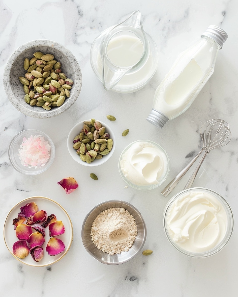 A metal bowl contains one thick layer of white creamy mixture, topped with a sprinkling of small, chopped pistachio nuts in light green and brown colors scattered unevenly across the surface. The creamy layer has a smooth, slightly swirled texture. The bowl sits on a white marbled textured surface. Photo taken with an iphone --ar 4:5 --v 7