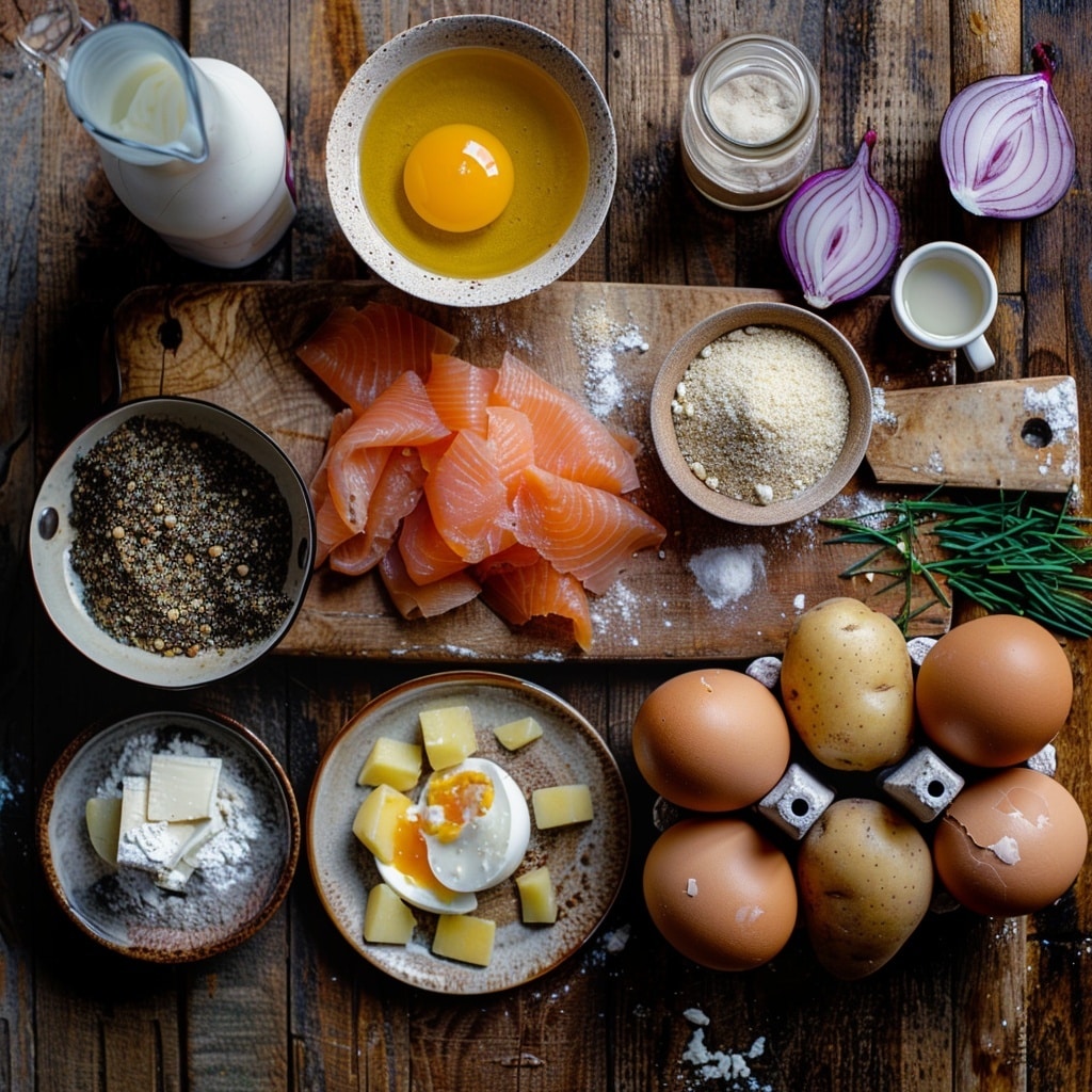 The dish shows two servings of eggs Benedict on a white plate set on a white marbled surface. Each serving has three layers: the bottom layer is a golden-brown, crispy potato pancake with a rough texture, the middle layer is thin slices of pink smoked salmon, and the top layer is a white poached egg covered in smooth, glossy pale yellow hollandaise sauce. The eggs are sprinkled with finely chopped green chives, small purple onion pieces, and a light dusting of red paprika. Next to the plate is a gold fork and knife resting together. In the background, a white ceramic pitcher with a light brown base stands next to small bowls of salt and pepper. The scene is softly lit, giving it a fresh and clean look. photo taken with an iphone --ar 4:5 --v 7