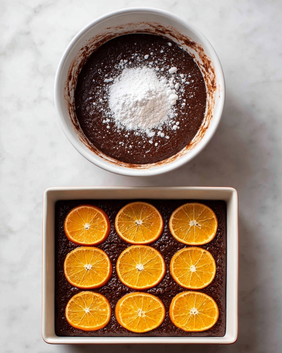 The top half shows a white bowl filled with dark brown chocolate batter, topped with a mound of white flour in the center, with some batter smeared on the bowl's inner edge. The bottom half shows a square white baking pan filled with smooth dark brown batter, decorated with neat rows of bright orange slices evenly spaced on the surface. Both items are placed on a white marbled surface. photo taken with an iphone --ar 4:5 --v 7