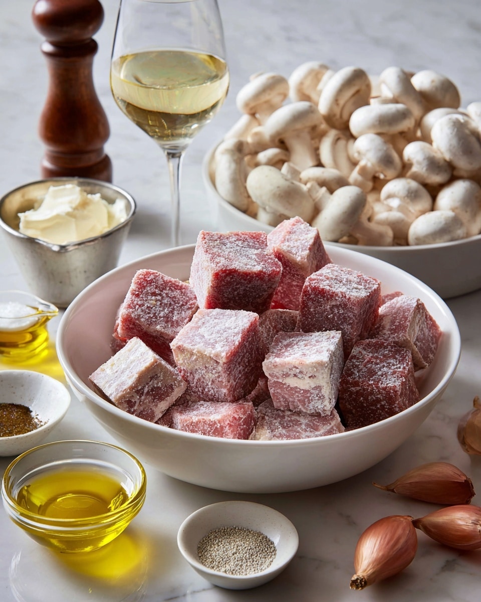 The image shows a large white pot filled with cooked sliced mushrooms and pieces of brown meat mixed together. The mushrooms are small, cut in halves or quarters, with a smooth, light beige color and soft texture. The meat pieces are irregularly shaped, dark brown with a slightly rough, cooked surface. Both ingredients appear coated with some oil and specks of black pepper, giving a seasoned look. The pot rests on a white marbled surface. photo taken with an iphone --ar 4:5 --v 7