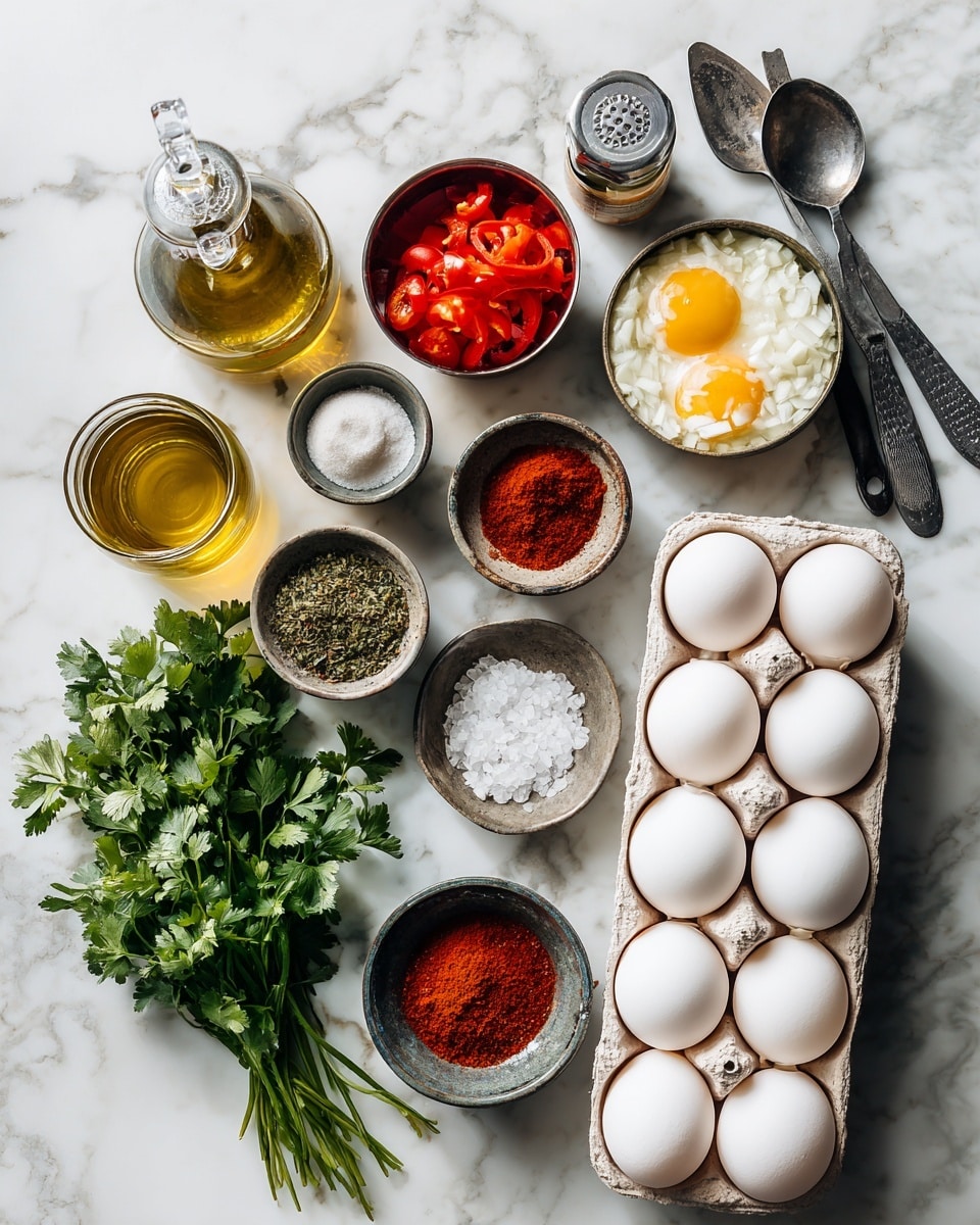 A round metal pan holds a dish with a bright red tomato sauce layer covering the bottom, textured with small chunks and slight bubbling around the edges. On top, there are five cooked eggs with smooth white edges and soft, slightly runny yellow yolks. Fresh chopped green herbs are scattered generously over the eggs and sauce, adding a fresh touch. The pan is resting on a wooden board placed on a white marbled surface. Nearby, there is a small black bowl with coarse black pepper and a stack of white plates with silver forks on top. photo taken with an iphone --ar 4:5 --v 7