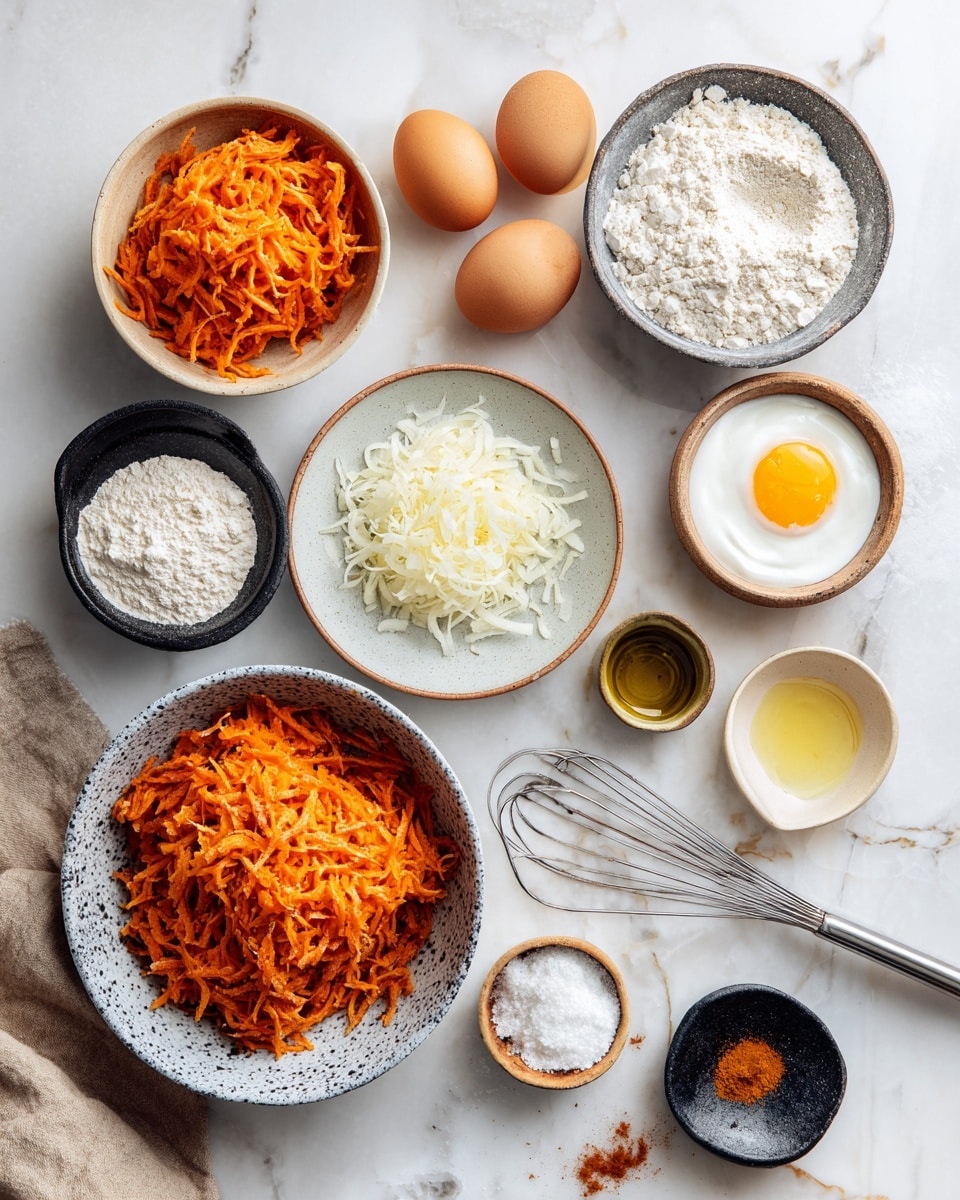 A clear glass bowl on a white marbled surface holds several ingredients ready to mix. The largest layer is orange shredded carrots that cover most of the bowl’s bottom. On top of the carrots, there is a small mound of white flour near the center-left side, and close to it, a cracked raw egg with a bright yellow yolk sits on the right side. Shredded light beige or off-white vegetable pieces are placed on the lower-left side, and there are small patches of white powder scattered around the bowl’s edges. The scene is bright and clear, showing the textures of each ingredient distinctly. photo taken with an iphone --ar 4:5 --v 7