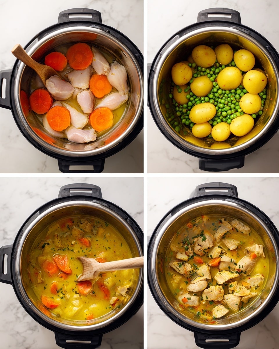 The image shows a step-by-step cooking process inside a black electric pot with a shiny silver inner pot against a white marbled surface. The first frame has three raw pale chicken pieces on top of thick slices of bright orange carrots sitting in clear liquid. The second frame adds many small yellow potatoes topped with a layer of fresh green peas covering most of the surface. The third frame shows the mixture cooked down with the carrots and potatoes settled in a thick golden-yellow broth. The fourth frame adds chopped cooked chicken pieces on top, with a wooden spoon resting inside the pot. The last frame is a close-up of the soup with chunks of pale chicken, small golden potatoes, bright orange carrots, and green peas all in a thick yellow broth. Photo taken with an iphone --ar 4:5 --v 7