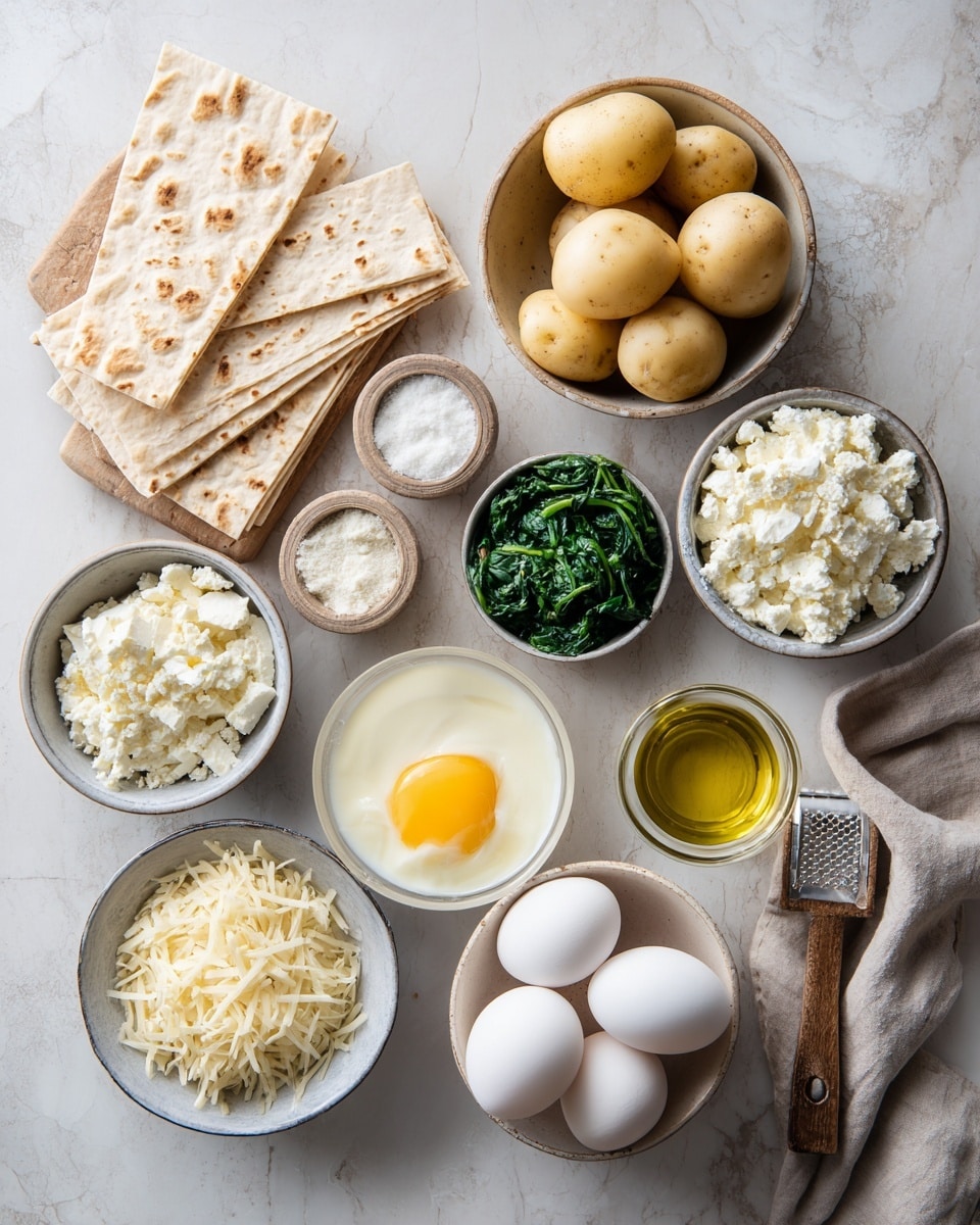 A single triangular slice of a pie sits slightly off-center on a white plate with a thin gray rim. The pie has three visible layers; the bottom crust is light brown and crumbly, the middle layer is a creamy white filling with a smooth texture, and the top layer is a golden brown with small browned spots, sprinkled with fresh green dill leaves. A gold fork rests diagonally on the plate, its prongs pointing toward the pie slice. The plate is set on a dark blue cloth atop a white marbled surface. In the upper left corner, three stacked pieces of light brown matzah are visible, and in the upper right a white scalloped ceramic pot holds a cluster of purple and green succulent plants. Photo taken with an iphone --ar 4:5 --v 7