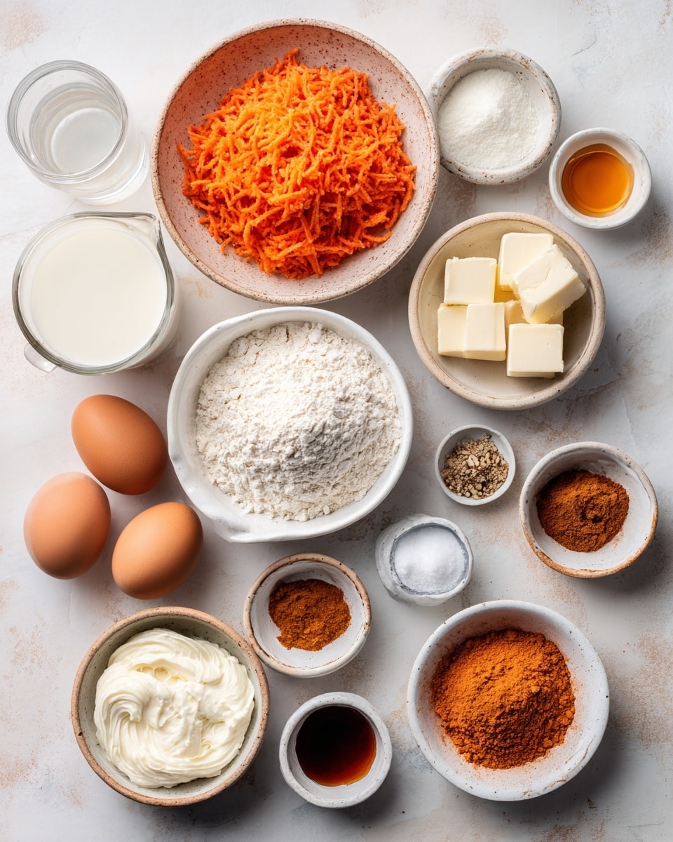 A close-up image of a cinnamon roll with cream cheese frosting on a white plate. The roll is partly eaten, showing soft, fluffy layers of light brown dough with visible orange specks, likely shredded carrot, and a dark cinnamon swirl inside. The cream cheese frosting is thick and creamy, covering the top and melting slightly into the roll. The white plate has fine ridged edges and light crumbs scattered around, with a silver fork on the right side. In the background, two orange carrots lie on a wooden surface with two small white ceramic bunny-shaped decorations, the whole scene set on a white marbled texture. Photo taken with an iphone --ar 4:5 --v 7