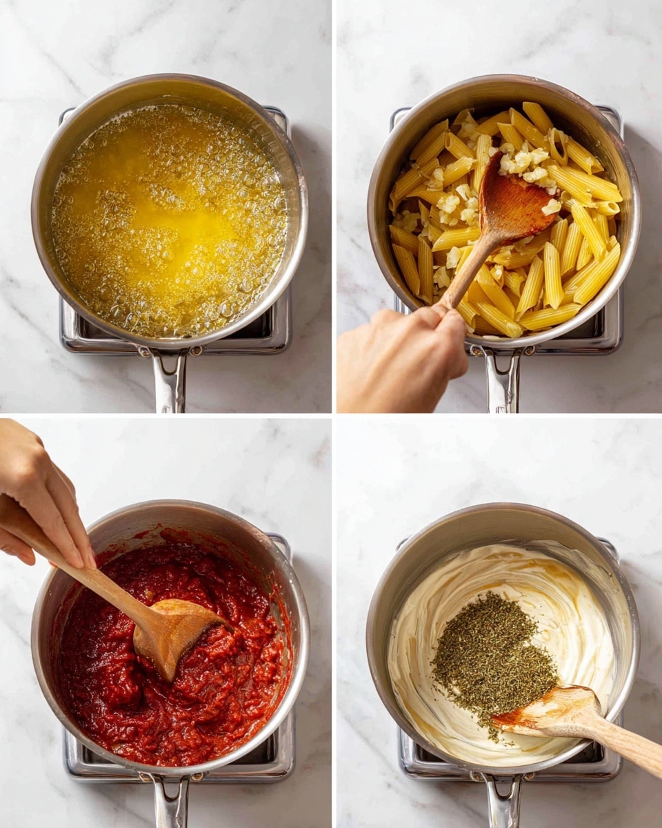 A collage of four close-up images shows steps of cooking a sauce in a silver metal pot on a stove with a white marbled texture background. The first image has bubbling yellow liquid with pasta inside the pot. The second image shows light golden garlic pieces with oil being stirred with a wooden spatula held by a woman's hand. The third image features a wooden spatula stirring chunky red tomato paste in golden oil. The last image shows the wooden spatula mixing cream, red tomato paste, and green dried herbs all swirling together in the pot. photo taken with an iphone --ar 4:5 --v 7