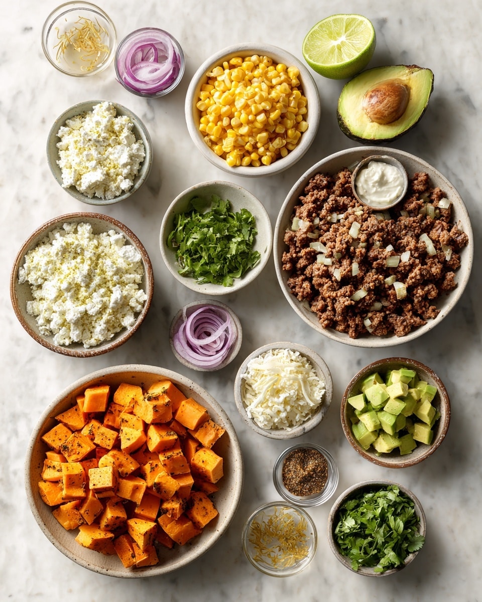 A white scalloped bowl holds a layered dish on a white marbled surface. The bottom layer is bright orange roasted sweet potato cubes, forming a bed around the bowl's edge. On one side, there is a generous portion of dark brown cooked ground meat mixed with fresh green herb pieces. In the center, a creamy white dollop topped with red seasoning and small green herbs rests partially on the meat and sweet potatoes. Thin slices of pickled red onion with a light sheen are placed over the sweet potatoes beneath the cream. A gold fork is stuck in the creamy layer on one side. Photo taken with an iphone --ar 4:5 --v 7