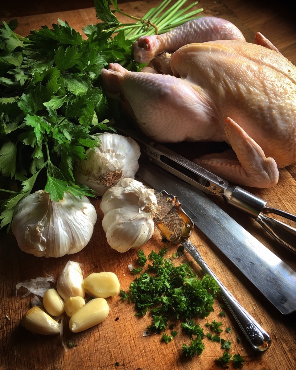A white roasting pan filled with eight pieces of cooked chicken with golden brown, crispy skin evenly placed in the pan. The chicken is mixed with several whole garlic cloves, sprinkled with finely chopped green herbs, and garnished with lemon wedges placed on top and between the pieces. The pan also holds some green capers, and the whole scene is set on a bright white marbled surface. photo taken with an iphone --ar 4:5 --v 7