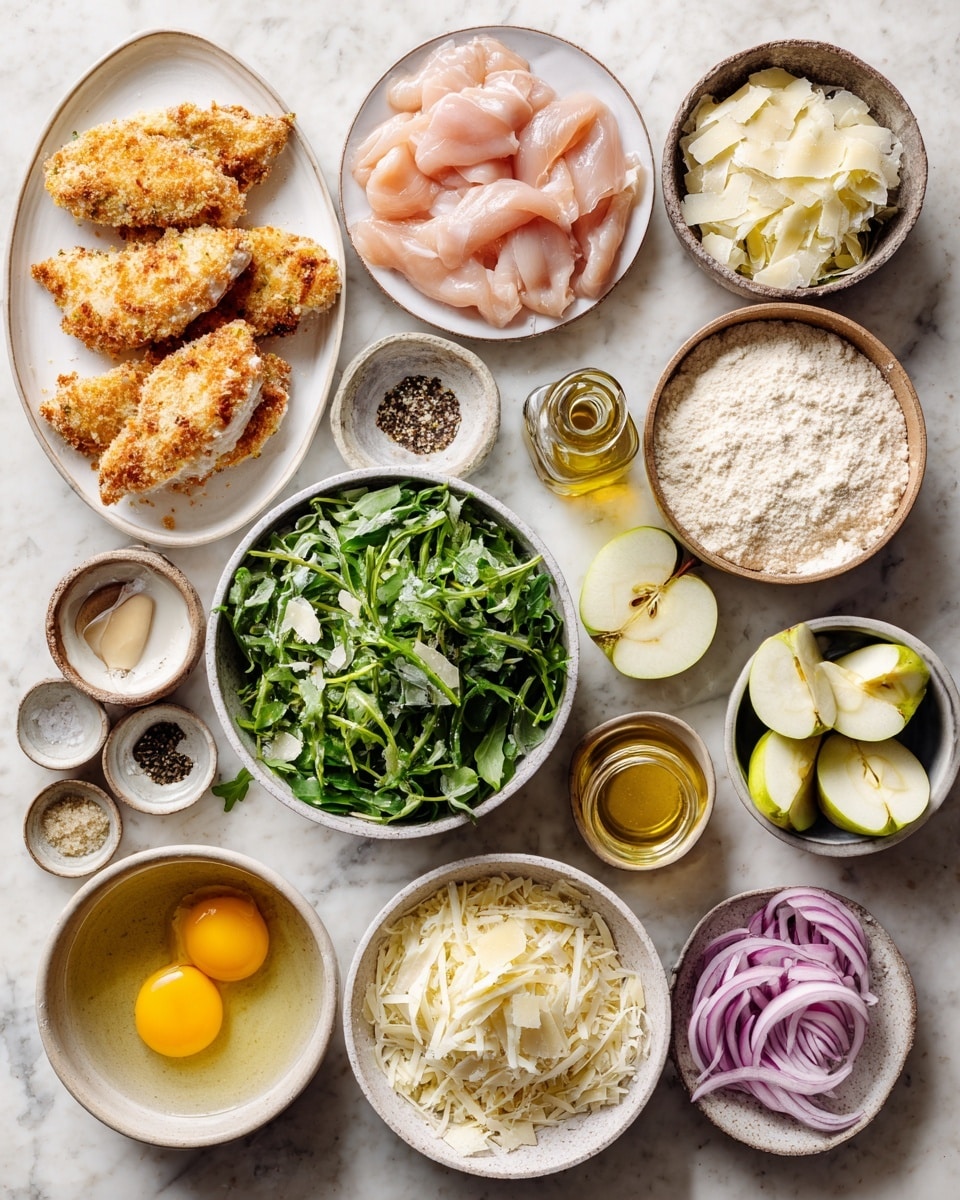 The image shows four white bowls and a white oval plate on a white marbled surface, illustrating the process of breading meat. The first bowl contains white flour with a raw light beige piece of meat partially covered in it. The second bowl shows the same piece coated with flour inside a mixture of beaten eggs, the yellow-orange liquid partially surrounding the meat. In the third bowl, the piece of meat is partly soaked in an off-white crumb coating with a slightly coarse texture on top of a white base. The final white oval plate holds multiple pieces of meat fully coated in the crumb mixture, looking light tan and textured. Photo taken with an iphone --ar 4:5 --v 7
