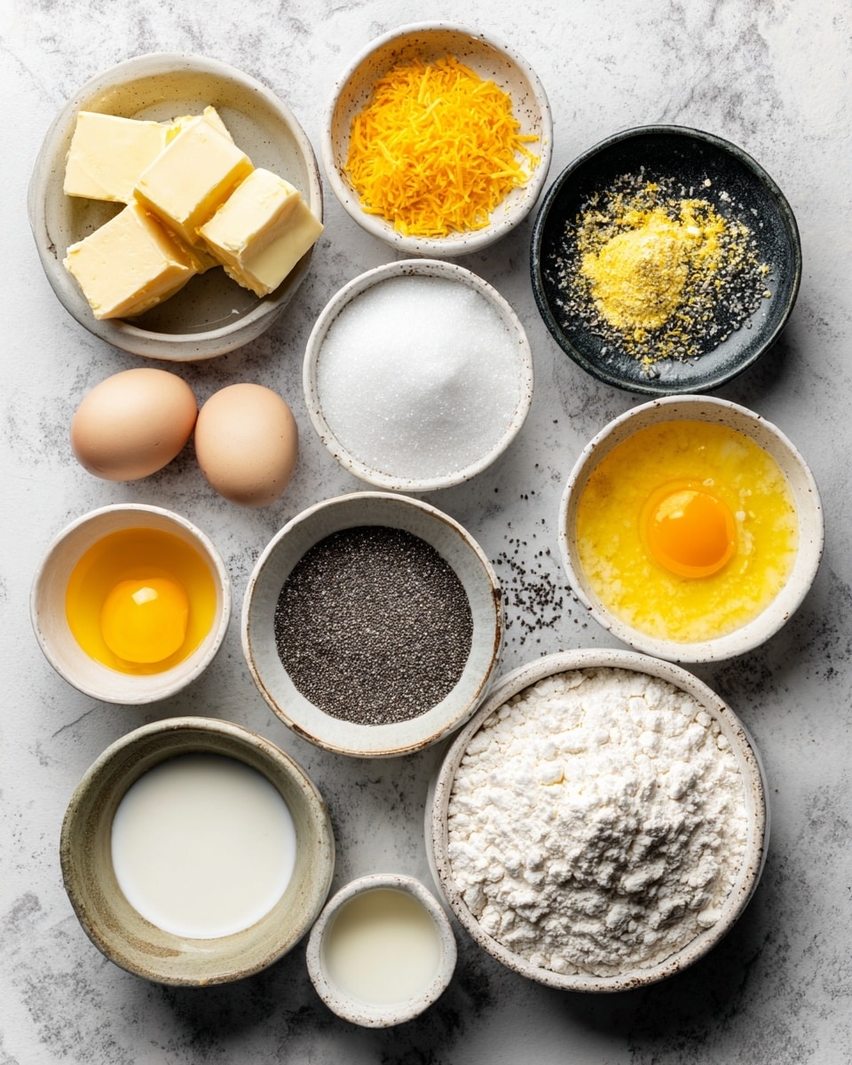A metallic mixing bowl contains one layer of light-colored flour mixed with dark small specks, giving it a grainy texture. On top of this layer are several small cubes of pale yellow butter, arranged loosely in the center of the flour. Part of the shiny metal mixer is visible at the top of the image, hovering over the bowl. The bowl is set on a surface with a white marbled texture. photo taken with an iphone --ar 4:5 --v 7