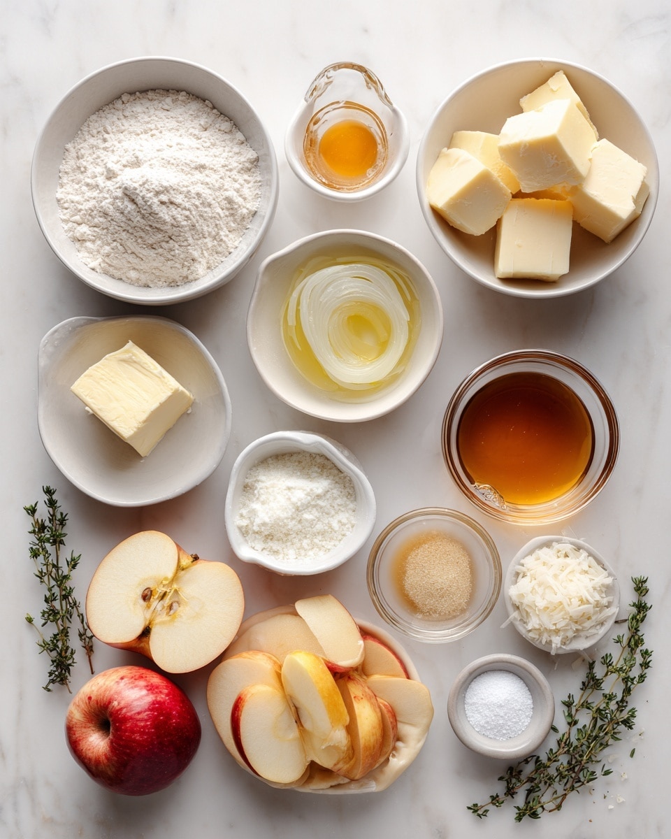 The image shows four small round tarts with golden brown crusts on a white marbled surface covered partly with rustic paper. Each tart has a top layer of thin light yellow apple slices and small bits of dark brown caramelized onions or similar topping, with some herbs sprinkled over. One tart is being drizzled with golden honey from a wooden honey dipper held by a woman's hand above it. Around the tarts are green sprigs of fresh herbs and a glass jar filled with honey in the background. The lighting highlights the shiny honey and the textures of the apples and crusts. Photo taken with an iphone --ar 4:5 --v 7