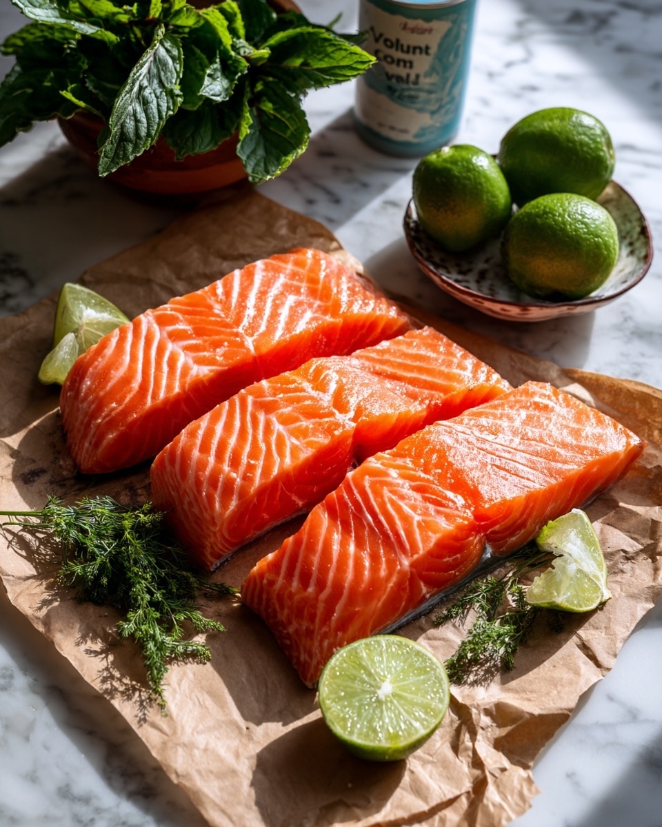 The image shows three bright orange salmon fillets placed side by side on a piece of brown parchment paper. Two lime wedges are positioned near the fillets, one in front and one on top slightly to the right. Fresh green herb sprigs are scattered on and around the salmon, with one larger bunch of green leaves in a small round bowl behind the fish. In the background, there is a can of organic coconut milk. The setting is on a white marbled surface with soft natural light casting gentle shadows. Photo taken with an iphone --ar 4:5 --v 7