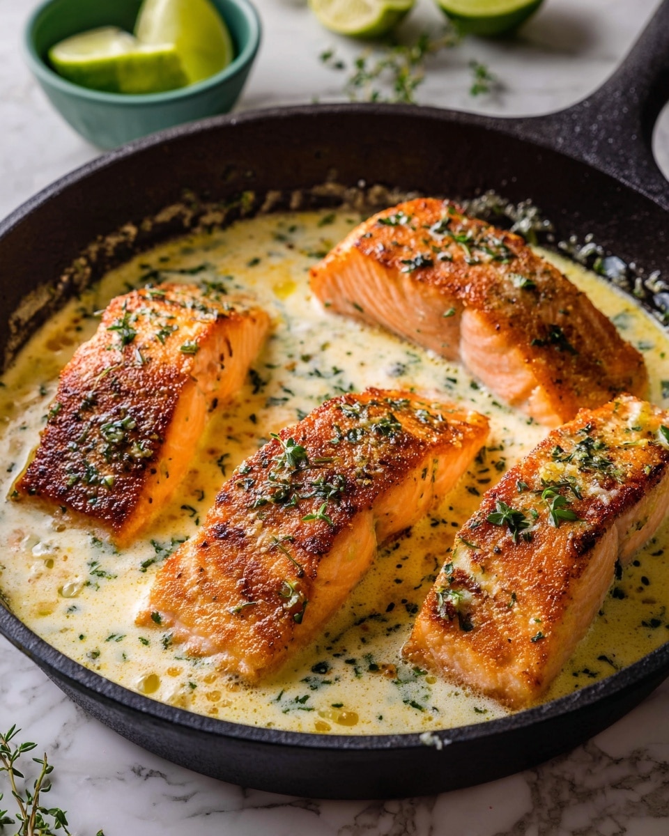 The image shows a black cast iron pan with four pieces of cooked salmon, each piece having a light pink inside and a golden, slightly crispy brown top. The salmon pieces are sitting in a creamy sauce that is white with light yellow patches of melted butter and some green herbs sprinkled on top. In the sauce, there are visible small bits of onion or garlic and a couple of small green leaves, likely thyme, floating around. A white marbled surface is seen around the pan with lime wedges and a green bowl slightly blurred in the background. photo taken with an iphone --ar 4:5 --v 7