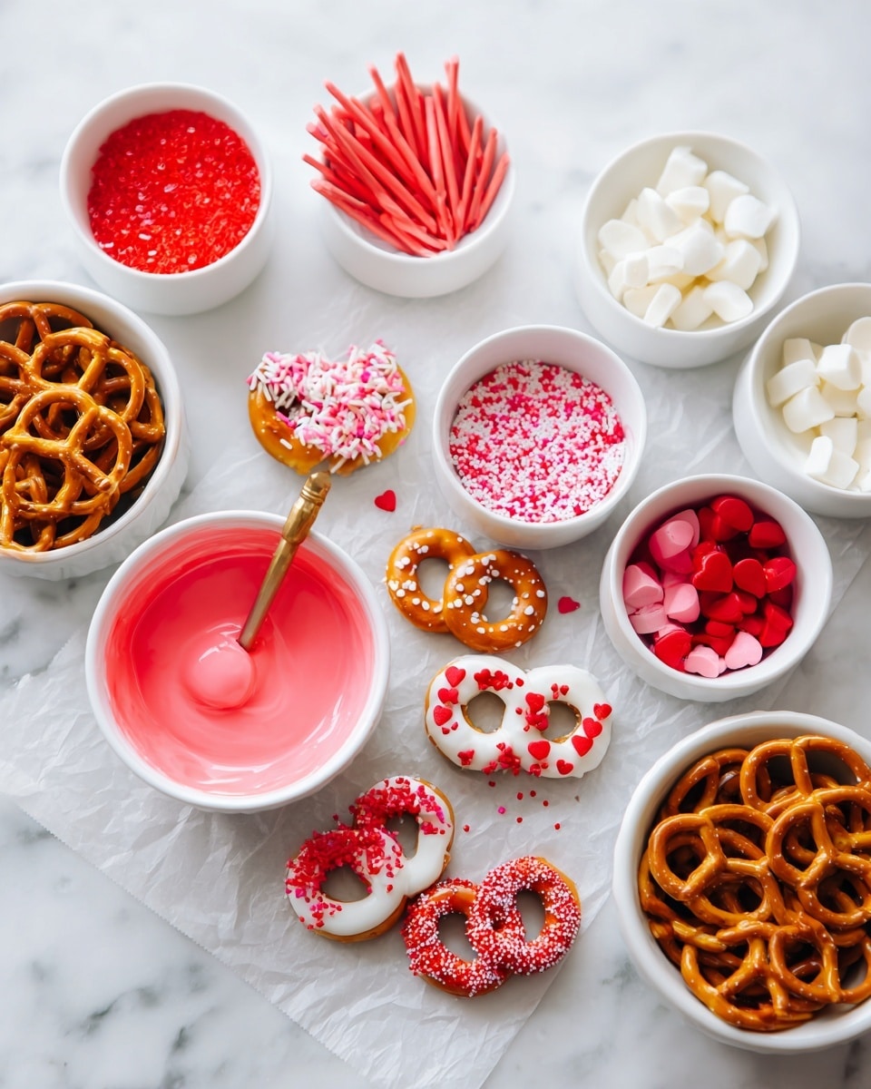 The image shows small pretzels arranged on white parchment paper on a white marbled surface. There are nine pretzels, each dipped or partially dipped in different colored coatings like bright pink, red, and white, and topped with various sprinkles and small candy hearts in red, white, and pink. Above the pretzels, there are five small white bowls holding different toppings: red sugar crystals, red rod-shaped sprinkles, pink mix of small shapes, white and red heart-shaped candies, and a larger white bowl filled with plain pretzels. One bowl contains bright pink melted coating with a single pretzel inside. The scene is bright and vibrant with a clear focus on the colorful toppings and pretzels. Photo taken with an iphone --ar 4:5 --v 7