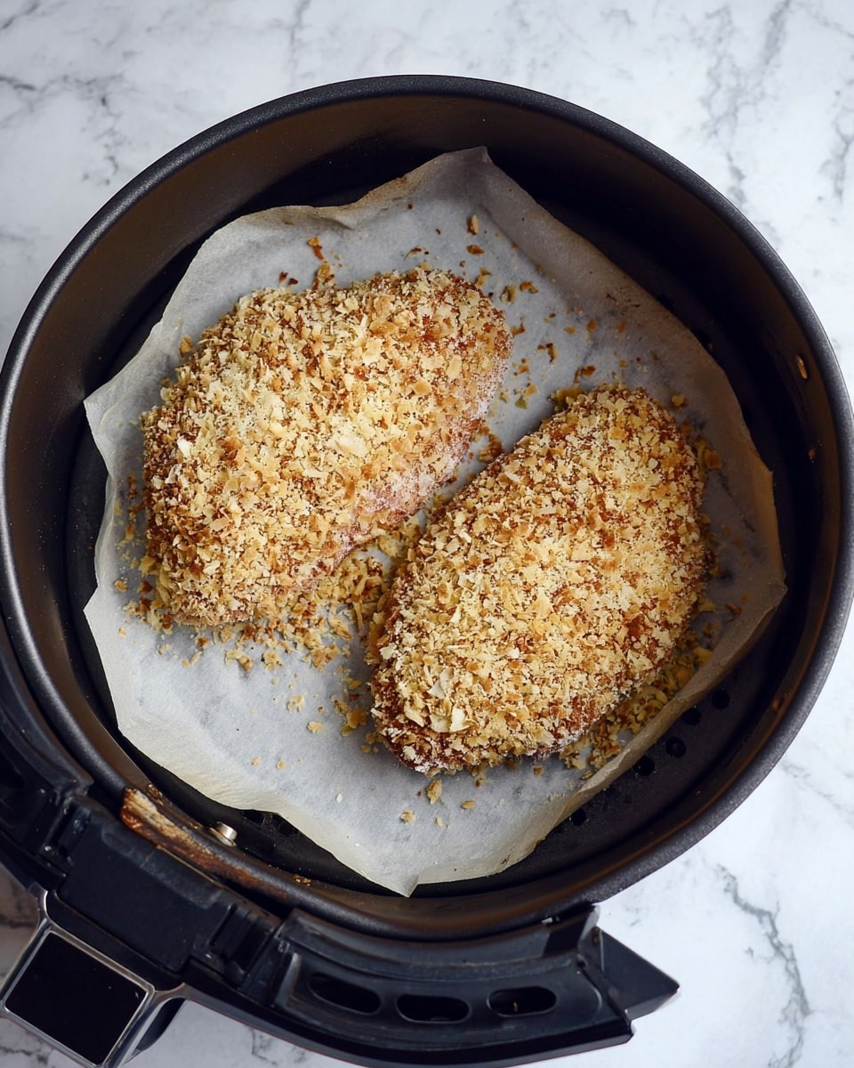 Two pieces of uncooked food covered with a crumb layer are inside a round black air fryer basket lined with parchment paper. The food has a light golden-brown crumb coating unevenly spread on top, showing some bits larger and some finer. The basket has small holes on the bottom. The background is a white marbled surface. Photo taken with an iphone --ar 4:5 --v 7