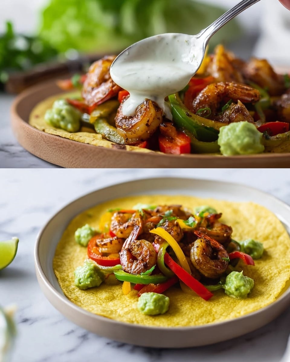 The image shows two white dishes on a white marbled surface. The dish on the left is an oval white plate with thin layers of vegetables neatly arranged in four stacked rows: thin white shredded slices on top, followed by bright red thin strips, then bright yellow thin strips, and finally green thin strips at the bottom. The dish on the right is a rounded white bowl with speckled patterns, holding a layer of raw shrimp arranged loosely inside. Some colored vegetables can be seen blurred in the background near the top right corner. Photo taken with an iphone --ar 4:5 --v 7
