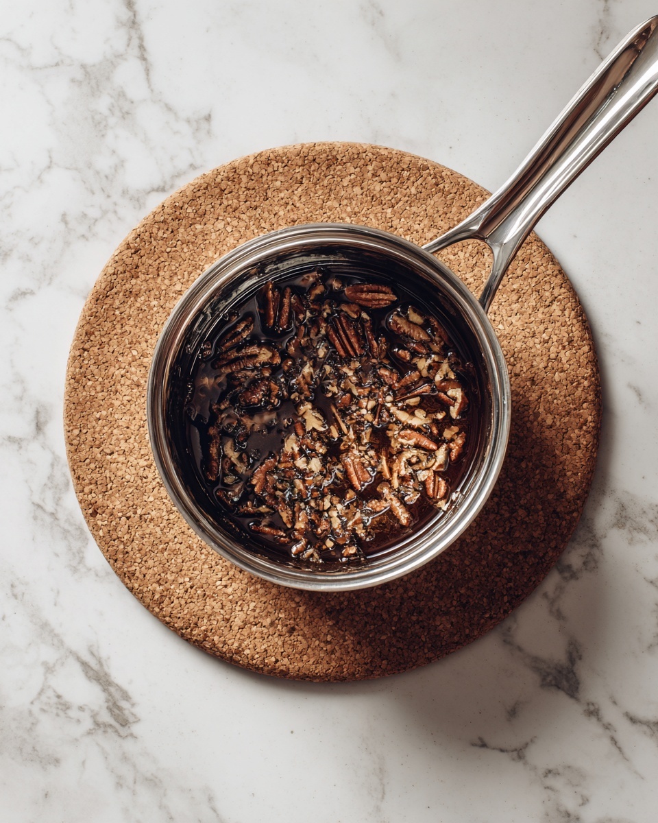 A silver metal saucepan filled with a dark brown liquid that has visible pieces of chopped pecans floating in it; the saucepan is placed on a round cork mat on a white marbled surface, the metal handle of the saucepan extends to the right side, showing a shiny, reflective finish, photo taken with an iphone --ar 4:5 --v 7