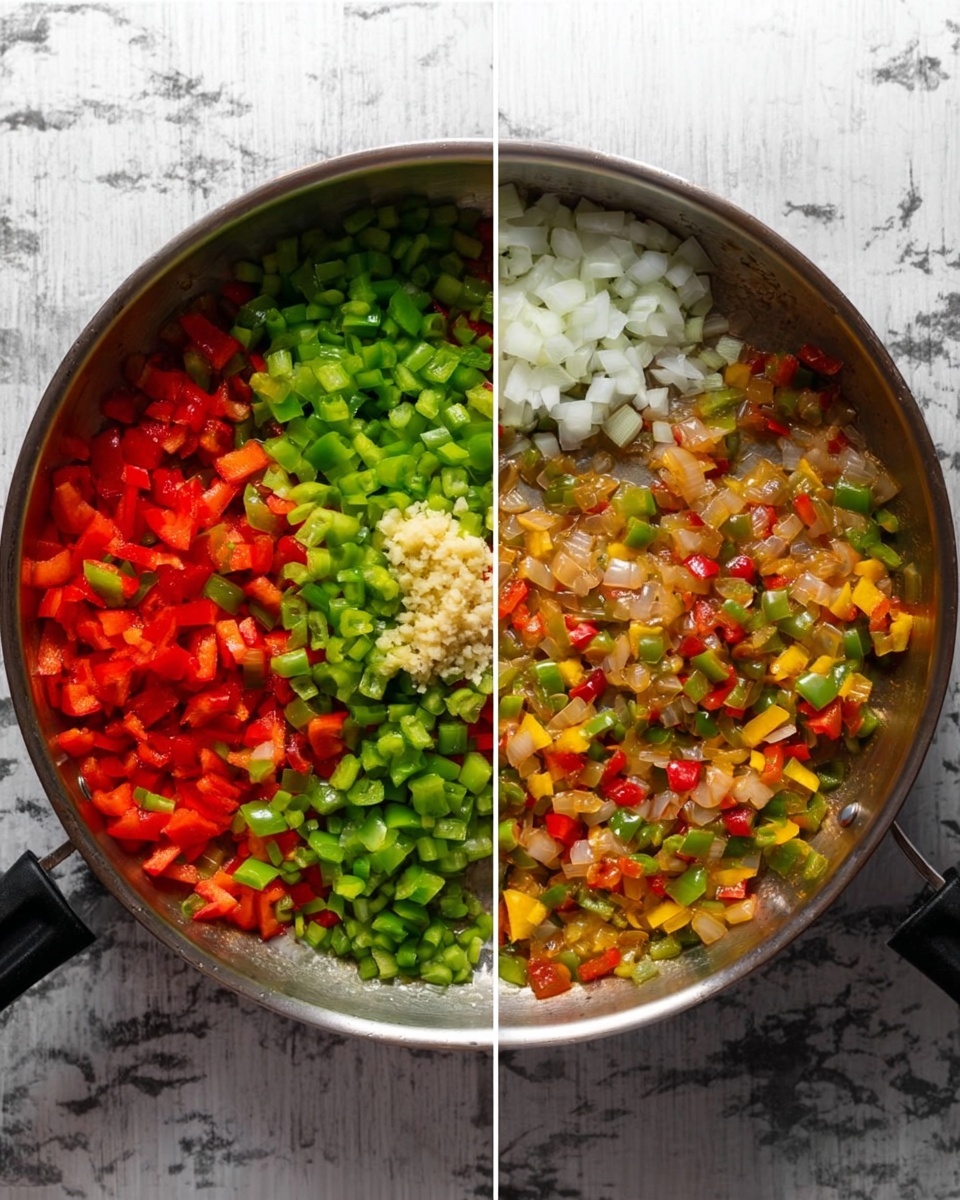 The image shows a metal pan placed on a white marbled surface, captured in two stages. On the left, the pan is divided into five sections with different raw ingredients: bright red, green, and yellow chopped bell peppers filling three sections, a cluster of light green diced celery at the top, a pile of white chopped onion on the right, and a small mound of beige minced garlic at the center. On the right, the ingredients are all mixed and cooked together, showing a colorful blend of softened red, green, yellow peppers, translucent onions, and celery in a shiny, moist texture evenly spread across the pan. Photo taken with an iphone --ar 4:5 --v 7