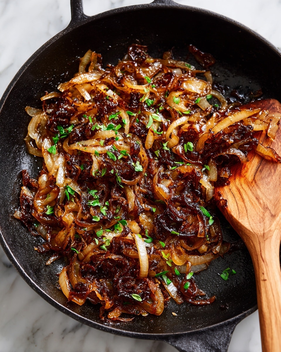 A close-up view of a black cast-iron pan filled with a single layer of glossy, dark caramelized onions that are golden brown with some deep darker spots from cooking. The onions are thinly sliced and slightly curly, spread unevenly across the pan. Small bright green herb leaves are scattered lightly on top, adding a fresh contrast in color. On the right side, a wooden spatula with a smooth grain is partially in the pan, touching the onions as if stirring. The pan sits on a white marbled surface. photo taken with an iphone --ar 4:5 --v 7