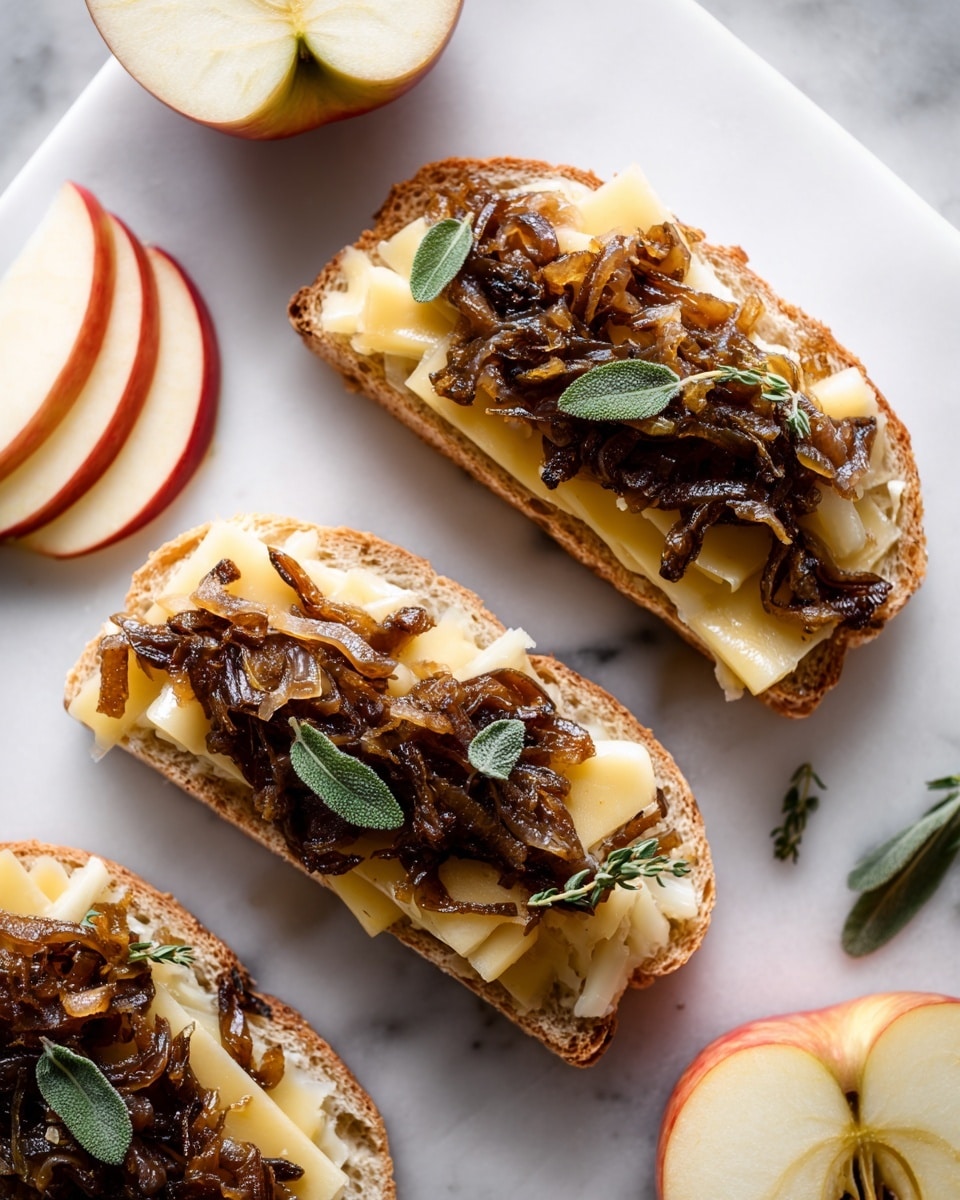 Two open-faced sandwiches are placed on a white marbled surface. Each sandwich has three layers: a base of light brown bread, a middle layer of shredded pale yellow cheese, and a top layer of dark caramelized onions with a shiny texture. Small green herb leaves are scattered on top of the onions. In the upper left corner, there is a half apple showing a white inside with red and yellow skin, alongside thin slices of apple fanned out. photo taken with an iphone --ar 4:5 --v 7