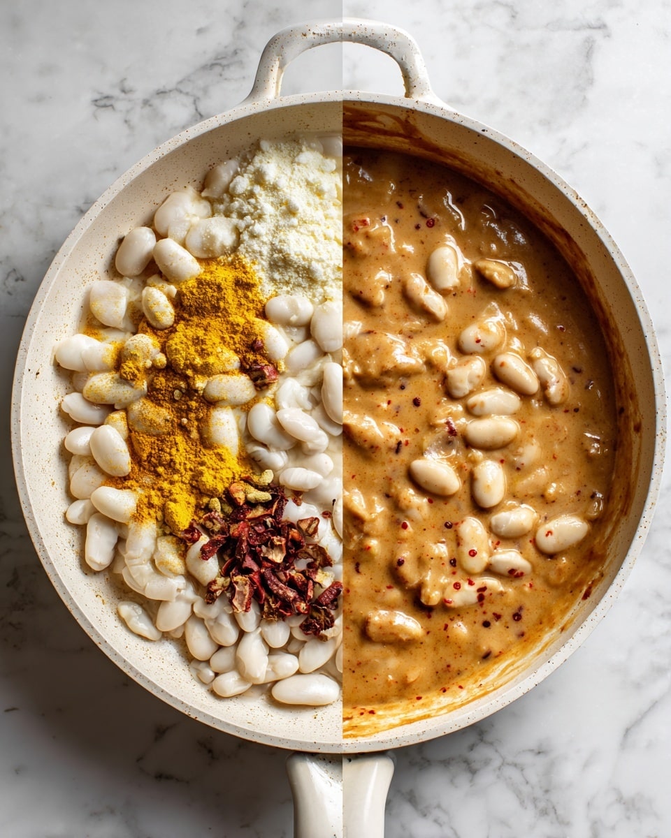 Two slices of toasted bread are placed on a white plate with small black speckles around the edges. Each slice is topped with a mixture of large, pale yellow beans, bright green chopped leafy herbs, and small pieces of reddish-brown sun-dried tomatoes, all slightly shiny with a light sauce. The bread has a golden-brown crust and a soft, airy inside. A few green leaves are scattered on the plate around the toast, and the plate is on a wooden table with a white marbled texture background. photo taken with an iphone --ar 4:5 --v 7